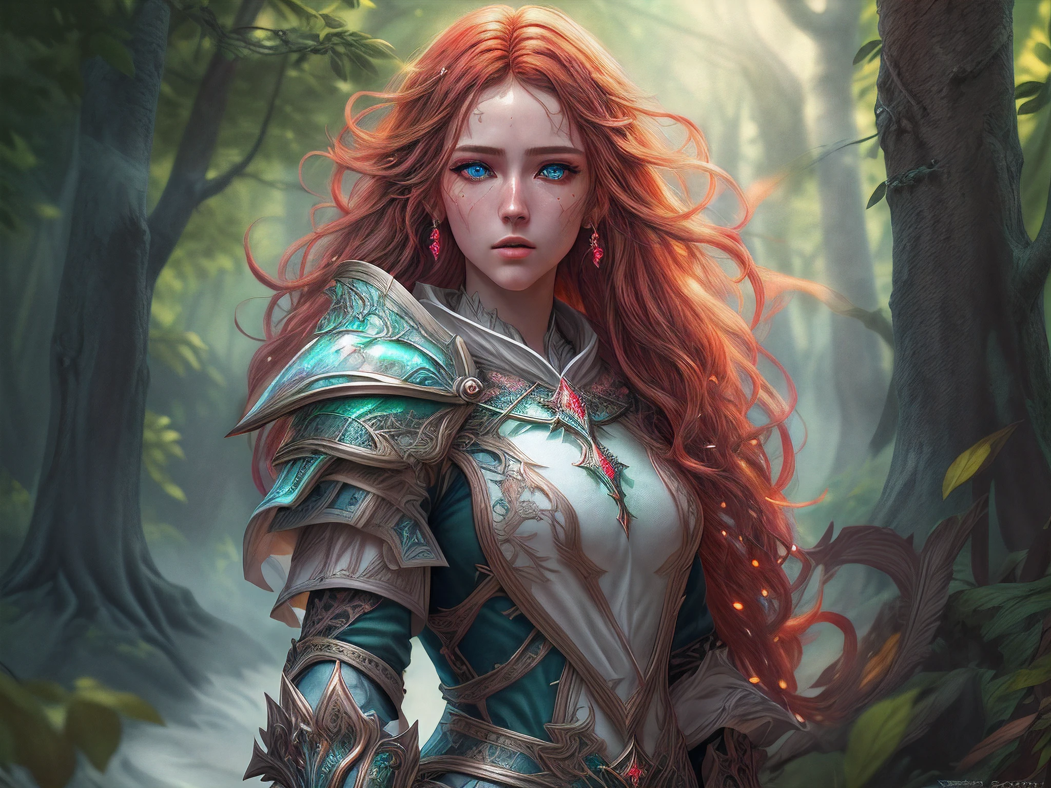 a picture of woman paladin of nature protecting the forest, controlling magical plants, tanjoreai, a woman holy knight, protector of nature, red hair, long hair, full body (best details, Masterpiece, best quality :1.5), ultra detailed face (best details, Masterpiece, best quality :1.5), ultra feminine (best details, Masterpiece, best quality :1.5), red hair, long hair, braided hair, pale skin, blue eyes, intense eyes, wearying heavy armor, white armor (best details, Masterpiece, best quality :1.5), green cloak, flowing cloak, armed with a sword, glowing sword fantasysword sword, fantasy forest background, D&D art, RPG art, magical atmosphere magic-fantasy-forest, ultra best realistic, best details, best quality, 16k, [ultra detailed], masterpiece, best quality, (extremely detailed), ultra wide shot, photorealism, depth of field, hyper realistic painting, 3D rendering