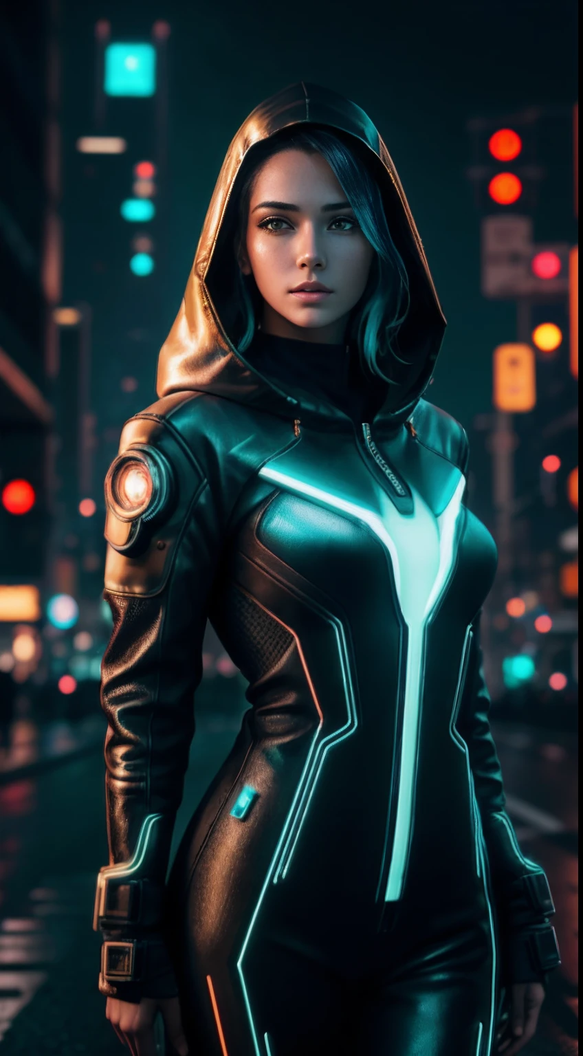 cyberpunk portrait photography, beautiful young woman looking off camera in glowing futuristic hood jacket, super realistic face, proper eye position, natural skin, soft light, rim light, hips, in road side, detailed background, intricate, full body shot, highly detail, octane render, HD, 8k, by Annie Leibovitz,120mm