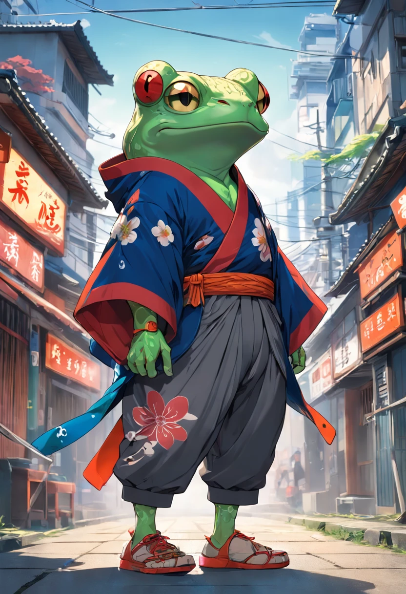 ((foto crua)), ((obra-prima)), Anthropomorphic humanoid frog wearing kimono, capuz, Pants, caminhando furiosamente entre as pessoas, detalhe intrincado, intricate Greebles pieces, city behind, corpo musculoso, muscular arms, small head, Ogro monstruoso, Titan, sneaker, soft-lighting, 32k, Hiper realista, The background details are exquisite，The scene is surreal，Create a charming graphic style