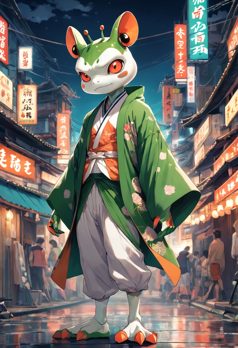 ((foto crua)), ((obra-prima)), Anthropomorphic humanoid frog wearing kimono, capuz, Pants, caminhando furiosamente entre as pessoas, detalhe intrincado, intricate Greebles pieces, city behind, corpo musculoso, muscular arms, small head, Ogro monstruoso, Titan, sneaker, soft-lighting, 32k, Hiper realista, The background details are exquisite,The scene is surreal,Create a charming graphic style