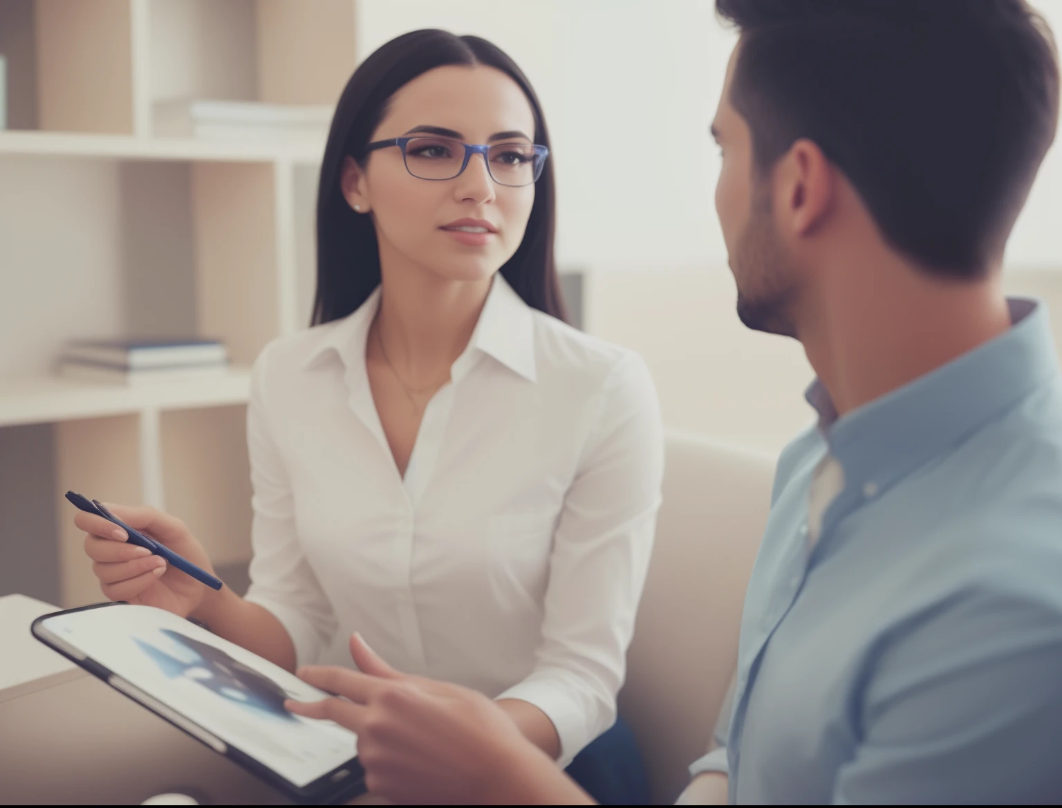 Woman talking to man in blue shirt, Giving interviews, Professional image, Ao fundo, The center of the image, high picture quality, great details, on a dark background, Very dynamic, Sleek design, Professional photo, outstanding detail, promotional photo, Unique design, Sale of insurance, instagram post, professionally, artistic interpretation, perfectly