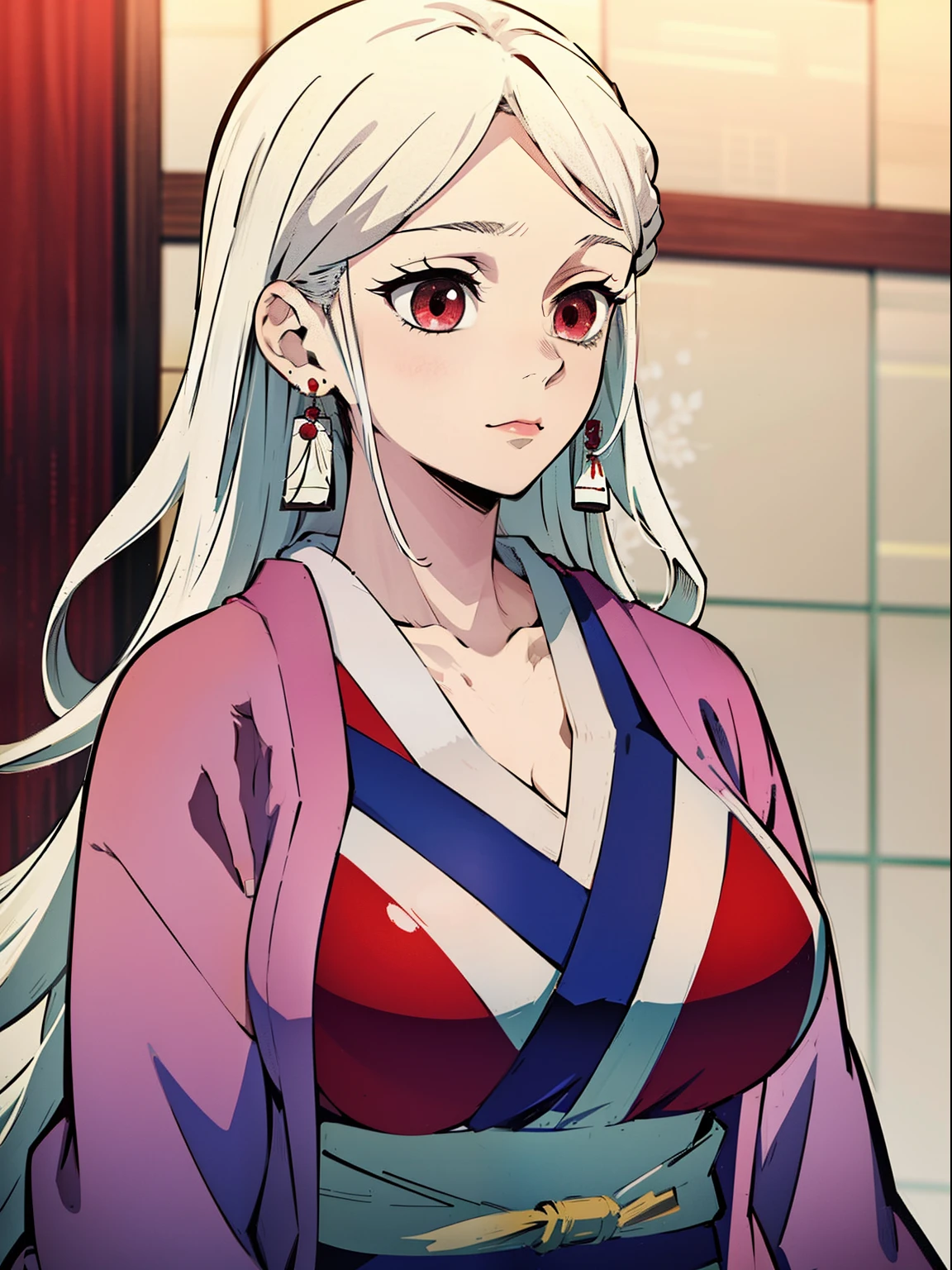 masterpiece, High-quality, 独奏, ume daiki, 1woman, long hair, white hair, red eyes, red kimono, big boobs, red kimono, earrings