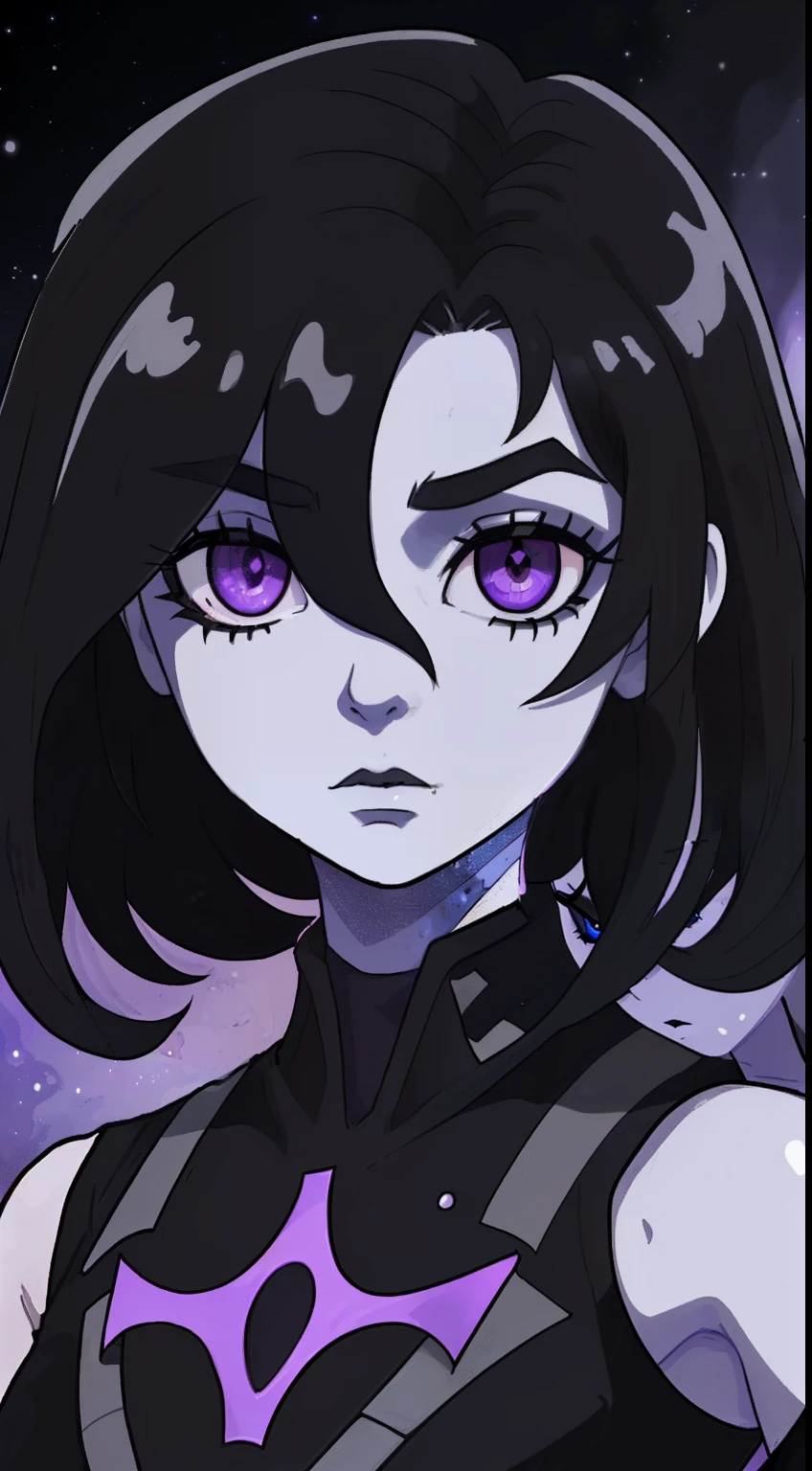 Ebulous black has a mysterious and gloomy appearance. His hair is black as night and his eyes have a deep purple color. She wears a black suit with silver details reminiscent of a distant galaxy. Your skin is pale, quase como se fosse uma sombra viva.