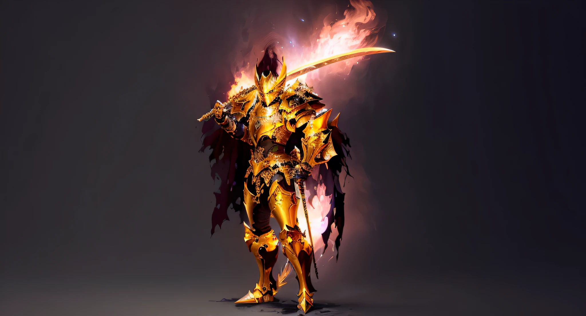 a close up of a person with a sword and a fire, paladin golden armor, gold paladin, gold heavy armor. Dramatic, angelic golden armor, Golden armor, flame conjuring armored, golden armour, Epic Paladin armor, heavy golden armour, the golden cat armor knight, Intricate golden armor, Gold armor, golden armor wearing, gold armor