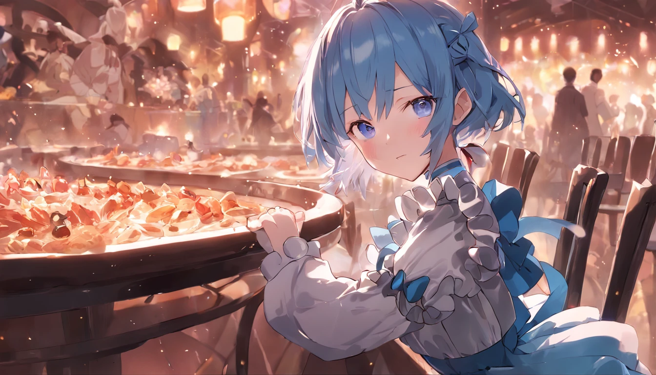 masterpiece, anime girl, Rem (re: zero), blue hair, maid costume, beautiful, 8k high quality detailed art, highres, sitting, dining table, romantic, blush, restaurant, food on the table, cute