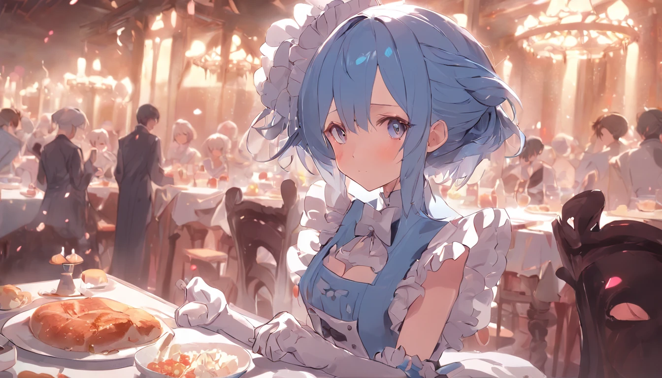 masterpiece, anime girl, Rem (re: zero), blue hair, maid costume, beautiful, 8k high quality detailed art, highres, sitting, dining table, romantic, blush, restaurant, food on the table, cute