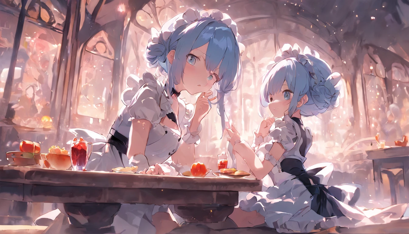 masterpiece, anime girl, Rem (re: zero), blue hair, maid costume, beautiful, 8k high quality detailed art, highres, sitting, dining table, romantic, blush, restaurant, food on the table, cute