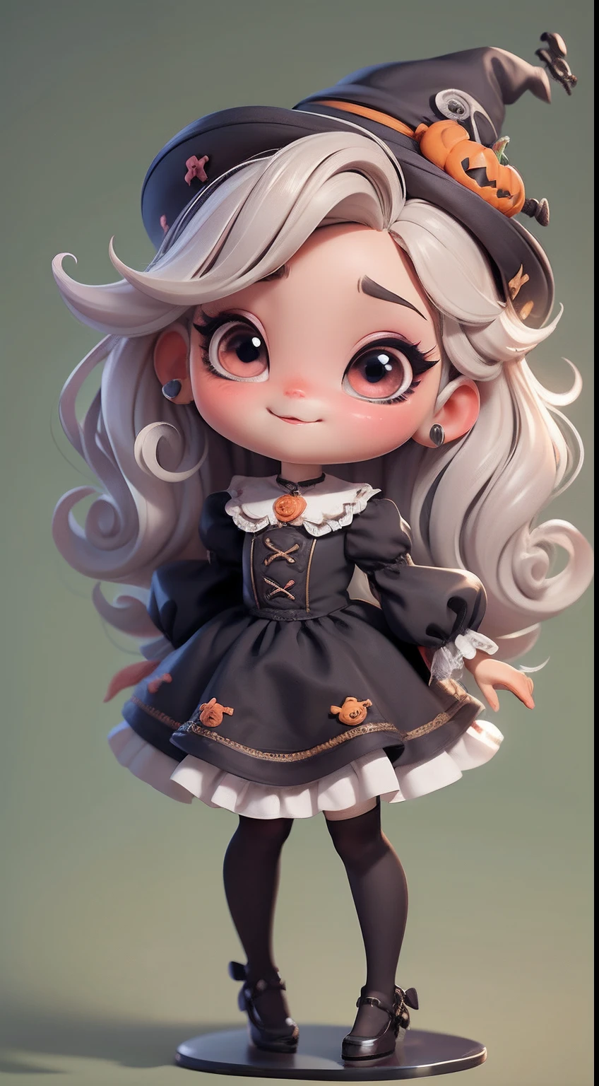 Create a series of cute black chibi style dolls with a cute halloween theme, each with lots of detail and in an 8K resolution. All dolls should follow the same solid background pattern and be complete in the image, mostrando o (corpo inteiro, incluindo as pernas: 1.5)
Boneca Mini halloween: Chame-a de Marina. Ela deve ter cabelo pequeno em tom multicolorido. Seus olhos devem ser grandes e expressivos, with long eyelashes and rosy cheeks. Sorriso delicado e branco. Marina deve estar vestida de vestido, an ornate hat. She should bring halloween accessories. Certifique-se de adicionar detalhes nas roupas, such as buttons and pockets, sapato bonito
Certifique-se de adicionar sombras, texturas e detalhes nos cabelos, roupas, Halloween utensils, to make them even more adorable and charming.