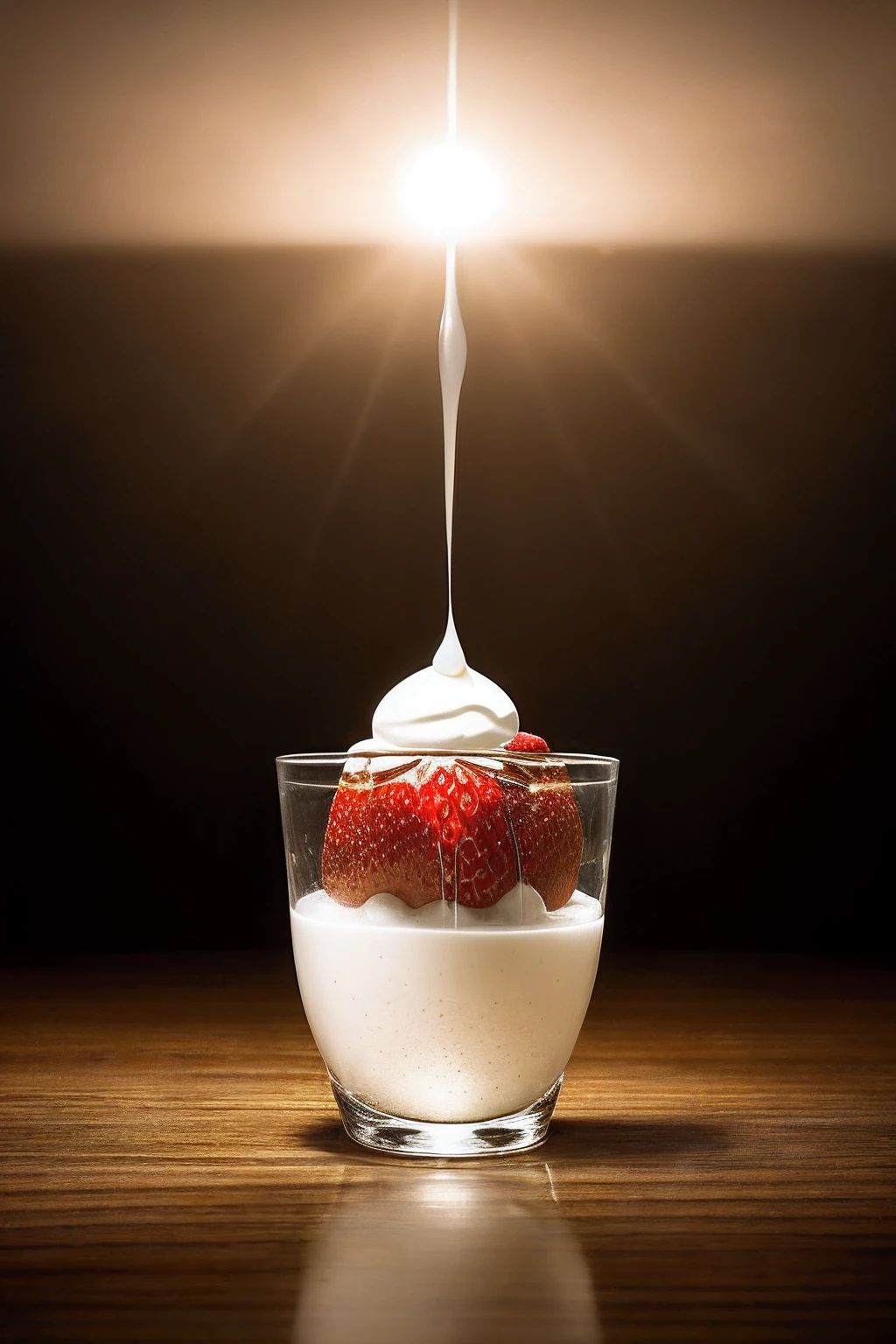 ((best quality)), ((masterpiece)), ((realistic cartoon)), ((perfect character)) a highly realistic depiction of a strawberry falling in slow motion into a glass filled with milk. The impact of the strawberry causes a spectacular explosion of milk, projecting upwards and spreading across the wooden table. The image is crafted in a studio with chiaroscuro lighting, capturing every detail of the scene exceptionally realistically and in great detail. Eye level, scenic, masterpiece.