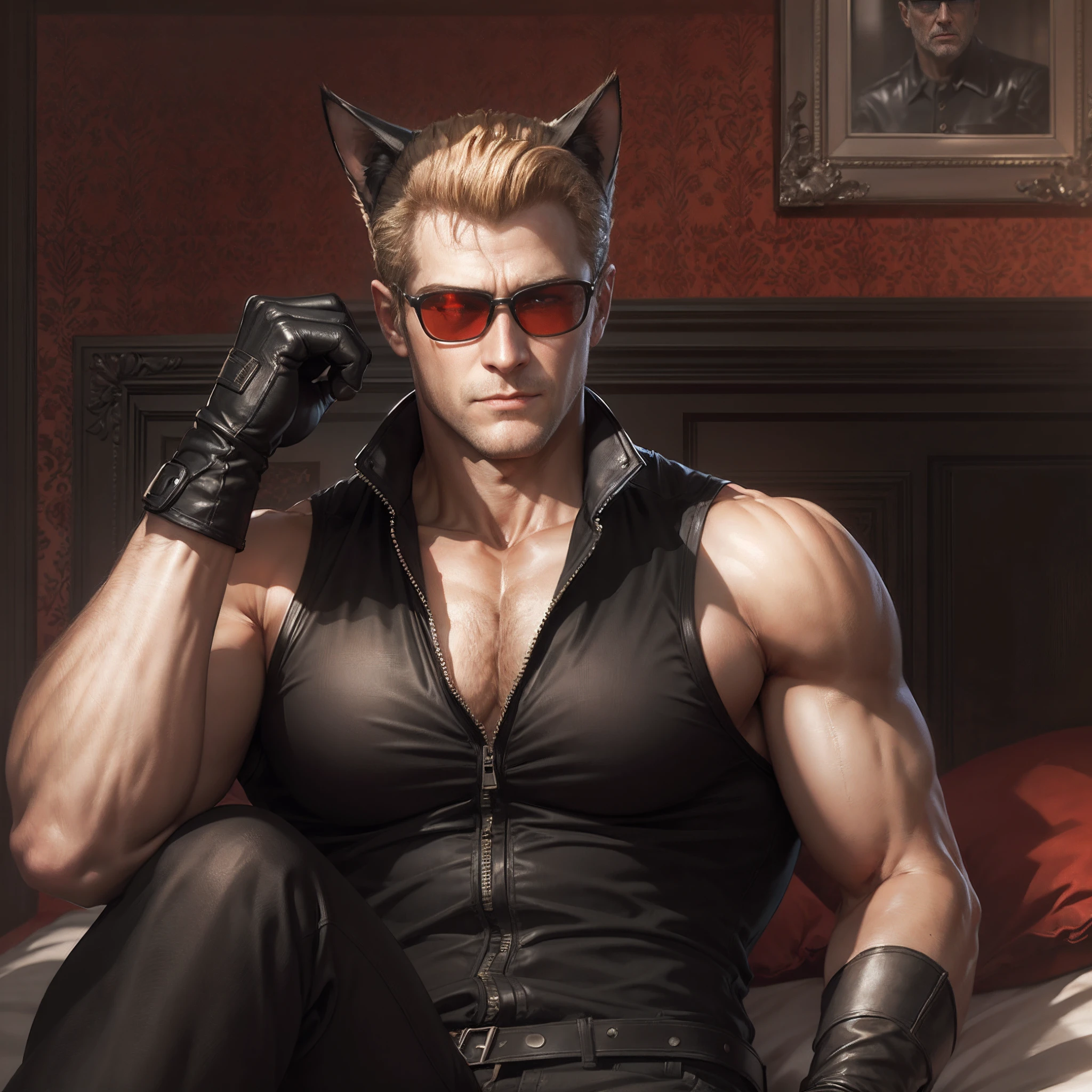 Albert wesker, in a bright bedroom, shirtless:1.2, shorts, black cat ears, red cat eyes, black cat tail,  high resolution, middle aged man,