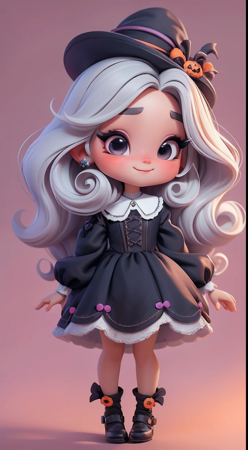 Create a series of cute black chibi style dolls with a cute halloween theme, each with lots of detail and in an 8K resolution. All dolls should follow the same solid background pattern and be complete in the image, mostrando o (corpo inteiro, incluindo as pernas: 1.5)

Boneca Mini halloween: Chame-a de Marina. Ela deve ter cabelo pequeno em tom multicolorido. Seus olhos devem ser grandes e expressivos, with long eyelashes and rosy cheeks. Sorriso delicado e branco. Marina deve estar vestida de vestido, an ornate hat. She should bring halloween accessories. Certifique-se de adicionar detalhes nas roupas, such as buttons and pockets, sapato bonito

Certifique-se de adicionar sombras, texturas e detalhes nos cabelos, roupas, Halloween utensils, to make them even more adorable and charming.