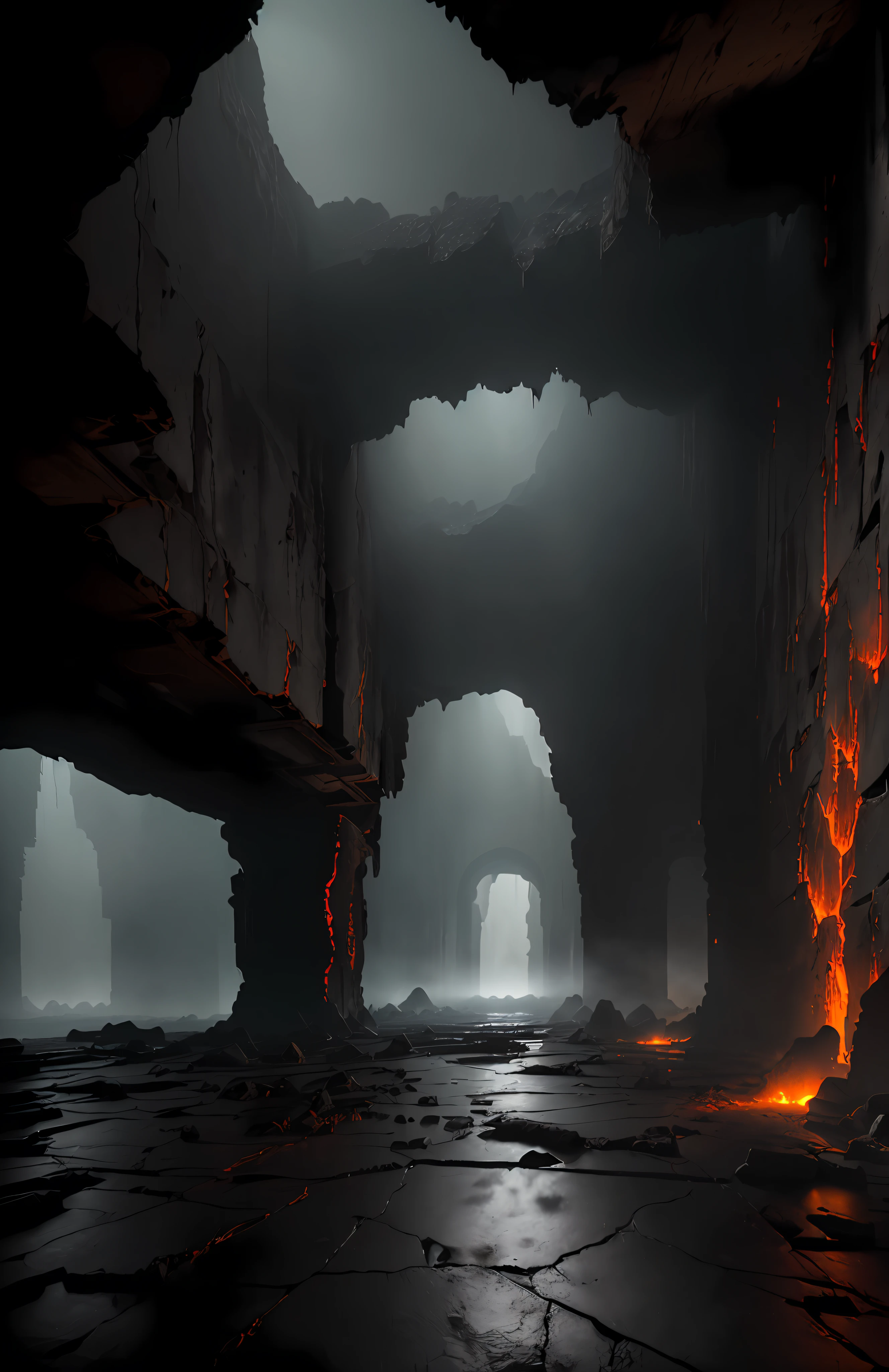 masterpiece), a vast ancient dungeon, (dilapidated scenery), (rendering an unreal engine, photorealism, photorealism:1.2), (mysterious), (concrete walls), (cracks), (volumetric fog), (black fog), (night), (magma and lava flows from the walls), (floor in magma cracks), Black cube with red eyes in the foreground, detailed cube, eyes glow