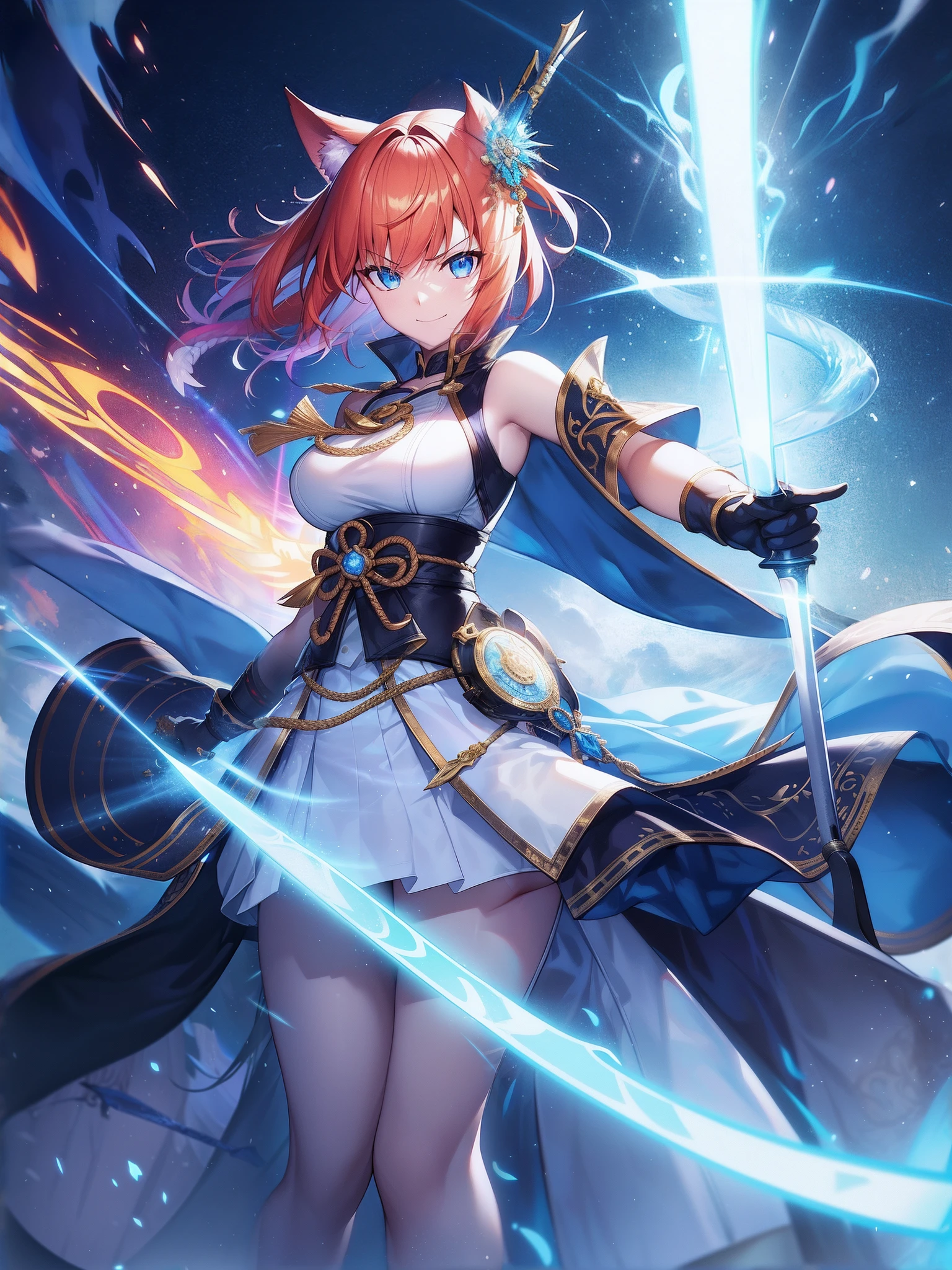 Imaginary, Face Focus, sanpaku, Half closed eyes,smiling mischievously, angry,smile,expressioness,Cat's ears,Her hair is orange、Short hairstyle, ,Her skin is pale, A rainbow and a spiral of light enveloped me like a snake in an interstellar wind,holding samurai sword,dual-wielding,Unleash the Blade of Light,Breasts are a great cutting board,She smiles mischievously, She has a gun in the middle, Highest Quality, Carry a blue cloak with war maiden decorations,Raise the railgun, ((sanpaku))((Proud)), 8 Blue Light Sword,Blade of Light,Lens Flare, Big rainbow,The moon shines,Star chips, bloom, ((light glow)), chromatic abberation], Digital Painting,the complex background,intricate landscapes, Insane details, Intricate details, Beautifully color graded, Unreal Engine, Cinematic , colour grading, Editorial Photography , Photography, Photo Shot, Shot on 70mm lens, depth of fields, degrees of freedom, Tilt Blur, Shutter Speed 1/1000, h/22