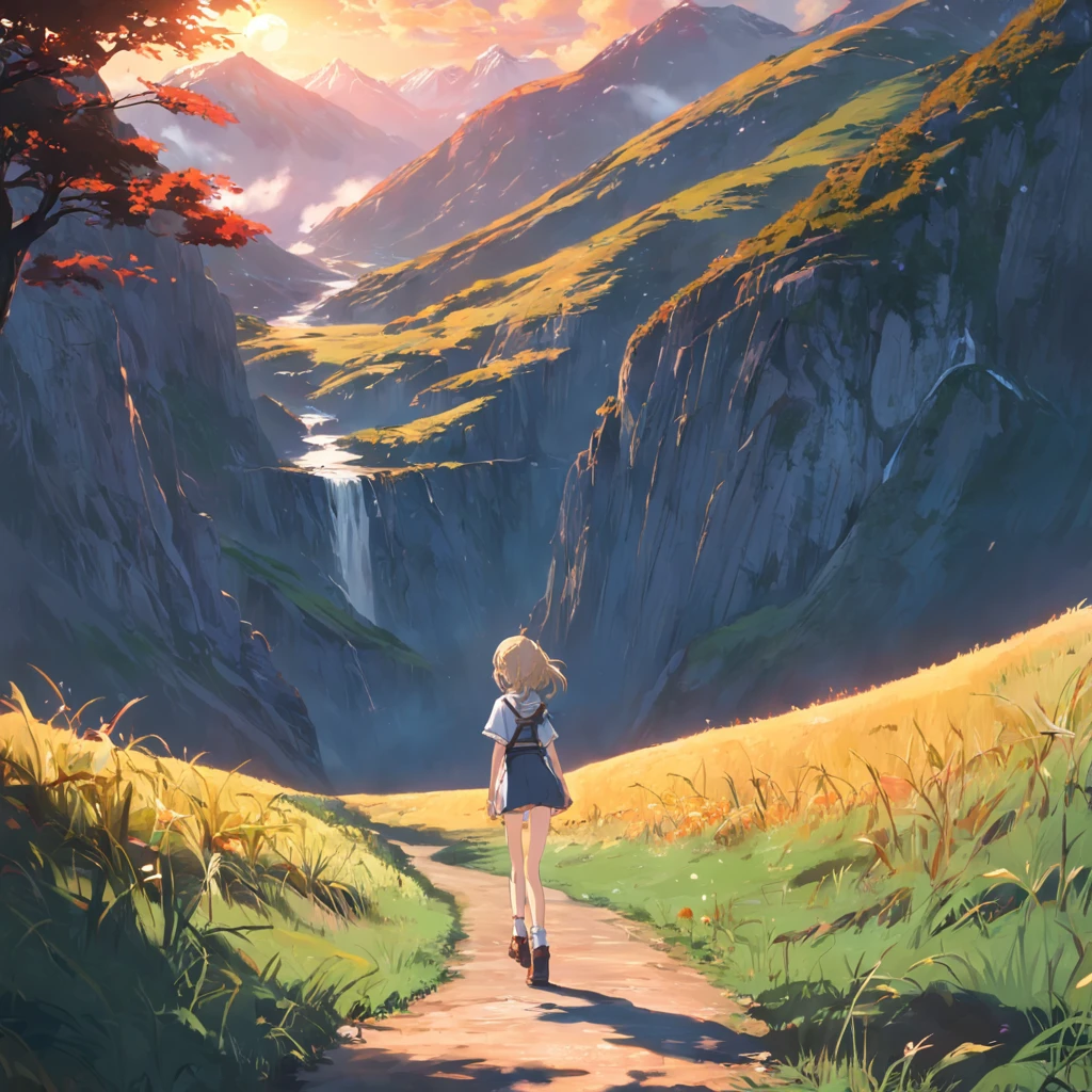 Morning sun，top Quority，Resolution of 8K，tmasterpiece：1.3，country road，A girl's，Walk into the distance，High mountains in the distance，Lake next door，Faraway view，1080p，hyper HD，textureskin，super detailing，best qualtiy，high detal，high high quality