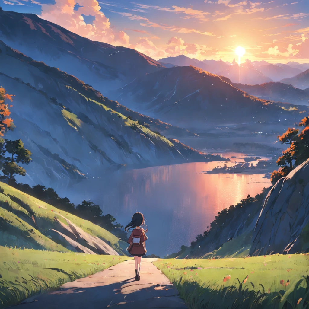 Morning sun，top Quority，Resolution of 8K，tmasterpiece：1.3，country road，A girl's，Walk into the distance，High mountains in the distance，Lake next door，Faraway view，1080p，hyper HD，textureskin，super detailing，best qualtiy，high detal，high high quality