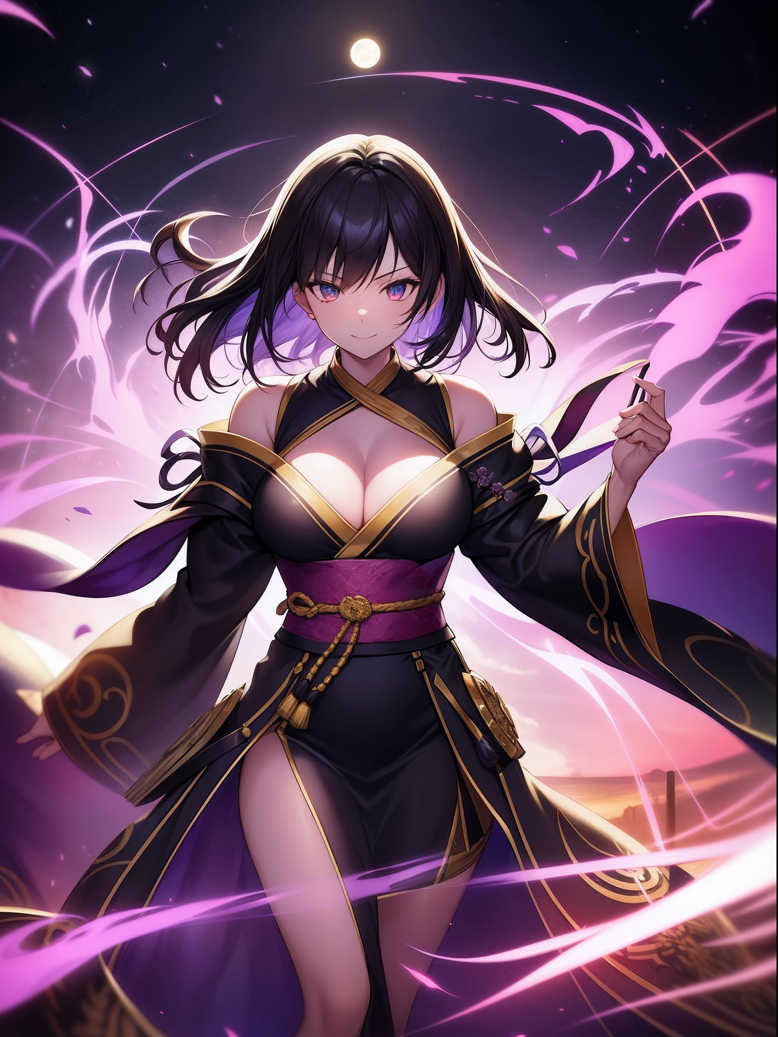 Imaginary, Face Focus, sanpaku, Half closed eyes,smiling mischievously, A look that came up with a bad thing,Cat's ears,Her hair is black、Short hairstyle, ,Her skin is pale, A rainbow and a whirlpool of purple flames enveloped me like a snake in an interstellar wind,Holding the Sword of Darkness,dual-wielding,Unleash the Blade of Light,Breasts are a great cutting board,She smiles mischievously, She holds a samurai sword in the middle, Highest Quality, Black kimono or kimono,Raise a whirlpool of flames, ((sanpaku))((Proud)), 8 Blue Light Sword,Black smoke blade,Lens Flare, Big rainbow,The moon shines,Star chips, bloom, ((light glow)), chromatic abberation], Digital Painting,the complex background,intricate landscapes, Insane details, Intricate details, Beautifully color graded, Unreal Engine, Cinematic , colour grading, Editorial Photography , Photography, Photo Shot, Shot on 70mm lens, depth of fields, degrees of freedom, Tilt Blur, Shutter Speed 1/1000, h/22