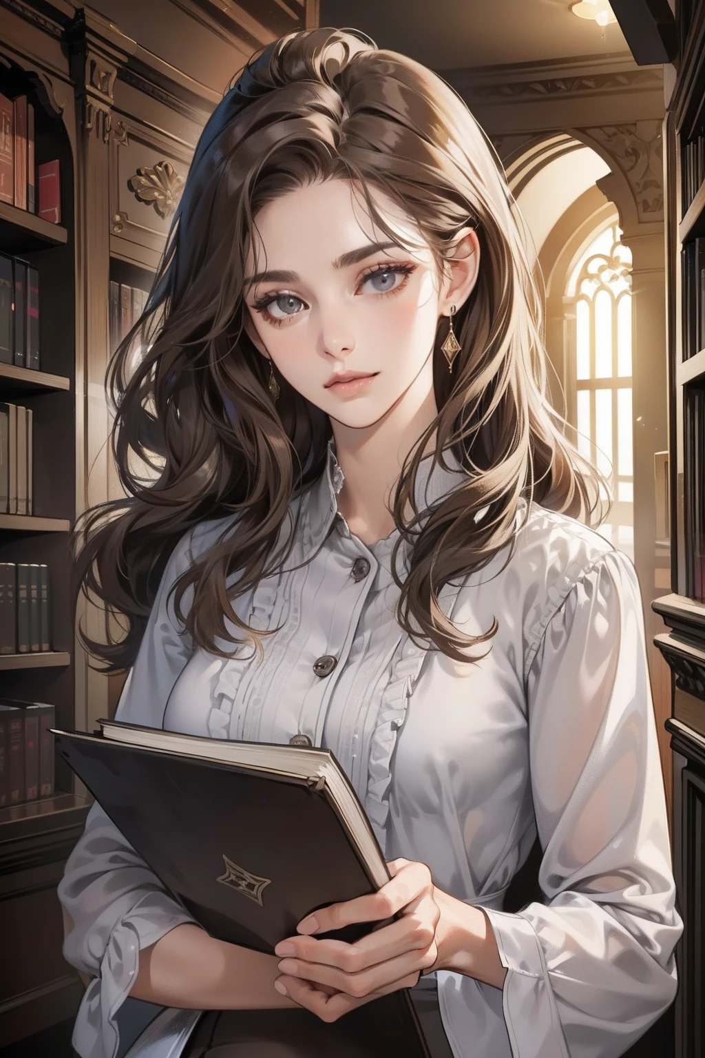 masterpiece, best quality, realistic, 1woman, mature female, beautiful woman, 30 year old, closed mouth, full body portrait, extremely detailed face, ((dark grey eyes)), ((medium length wavy brown pony hair)), [thin eyebrows], bookstore, soft smiles, professor, accurate,