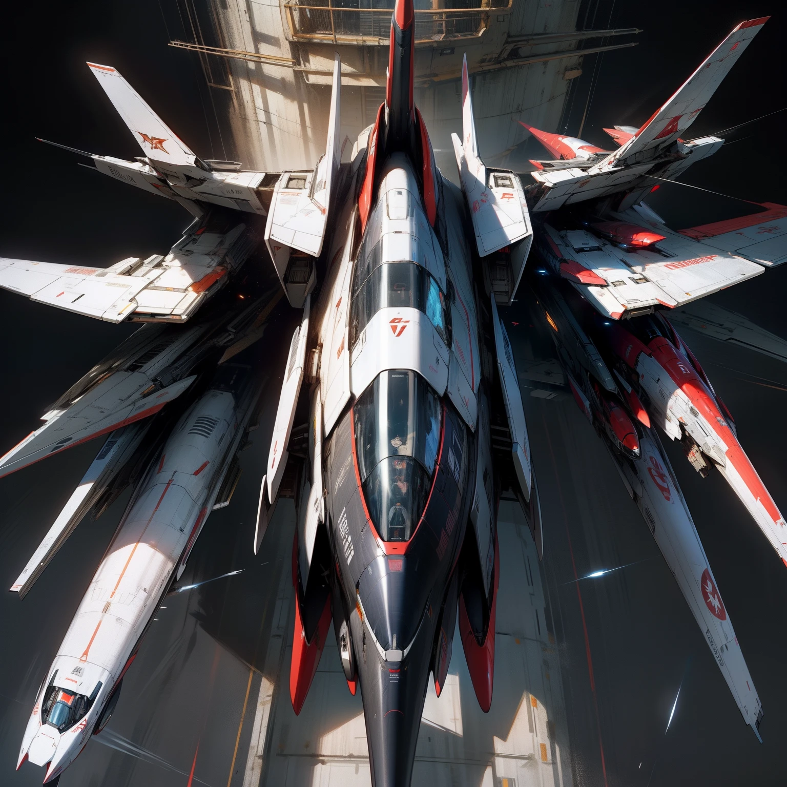 A top-down view, top down shot, Red jet, Jet fighter, Fantasy spaceship, 5th gen fighter, fighter drones, v wing, spaceship design, jetfire!!!!!, fighter jets, Jet fighter, Design a spaceship with a smooth design, shmup, it has six thrusters in the back, metalictexture, Advancedsense，cyber punk style，with black background，deep dark background，Metal plane on black background, 2 d overhead view, A top-down view, Directly above the lens