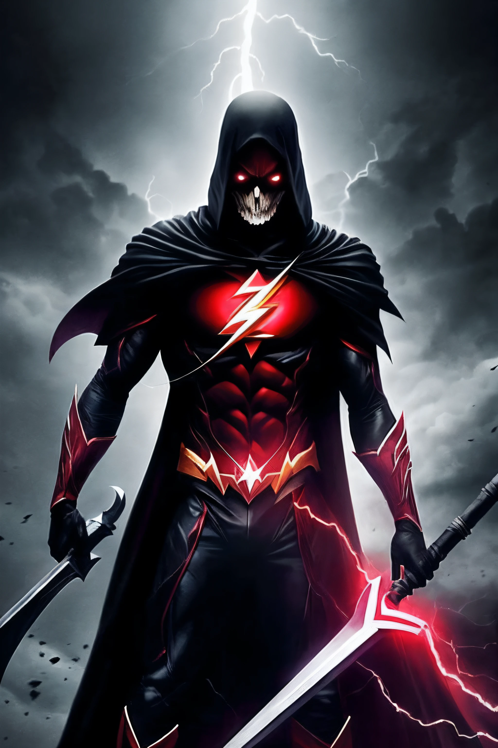 "Incarnation of Death Dressed as DC Flash holding a scythe , com uma atmosfera sombria e impactante, intense and dramatic lighting, dynamic camera effect, showing the personification of death in a unique and powerful costume."