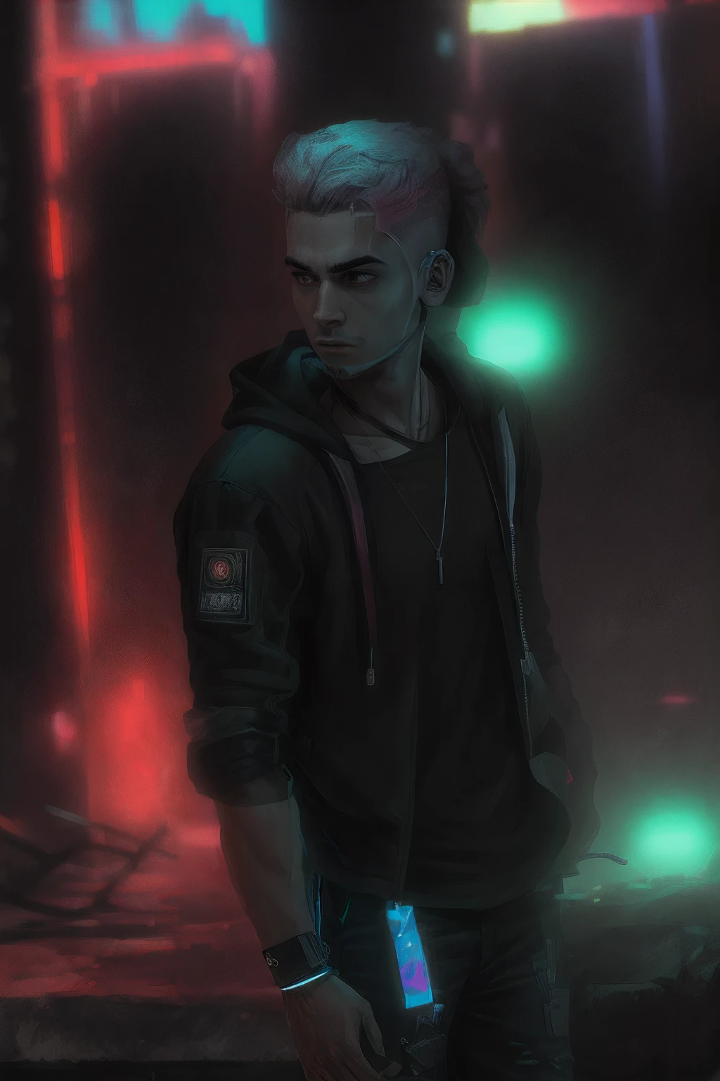 The Young Man in the Hood, face mask, Neon ring in the background, cyberpunk artstyle, Cyberpunk style, Cyberpunk style, cyberpunk character, hyper realistic cyberpunk style, The color of cyberpunk, Powerful lighting, Motion Synchronization, Dynamism, Charged energy, Hot action