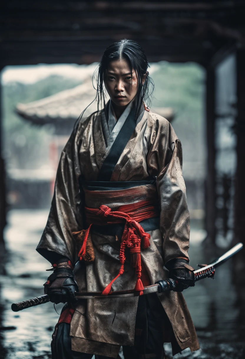 an ultra realistic ultra detailed photograph of masked Japanese samurai girl, posture, beautiful face, oiled white gold skin tone, wet in the rain, ready to fight with katana, full body, scary background and darktone, beautiful detailed face, apocalyptic environment, exquisite detail, 30 megapixels, 4k, Canon EOS 5D Mark IV DSLR, 85mm lens, sharp focus,  intricately detailed, long exposure time, f/8, ISO 100, shutter speed