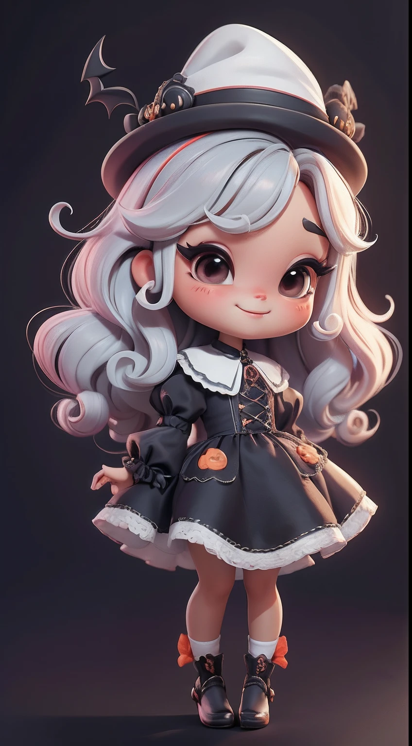 Create a series of cute black chibi style dolls with a cute halloween theme, each with lots of detail and in an 8K resolution. All dolls should follow the same solid background pattern and be complete in the image, mostrando o (corpo inteiro, incluindo as pernas: 1.5)
Boneca Mini halloween: Chame-a de Marina. Ela deve ter cabelo pequeno em tom multicolorido. Seus olhos devem ser grandes e expressivos, with long eyelashes and rosy cheeks. Sorriso delicado e branco. Marina deve estar vestida de vestido, an ornate hat. She should bring halloween accessories. Certifique-se de adicionar detalhes nas roupas, such as buttons and pockets, sapato bonito
Certifique-se de adicionar sombras, texturas e detalhes nos cabelos, roupas, Halloween utensils, to make them even more adorable and charming.