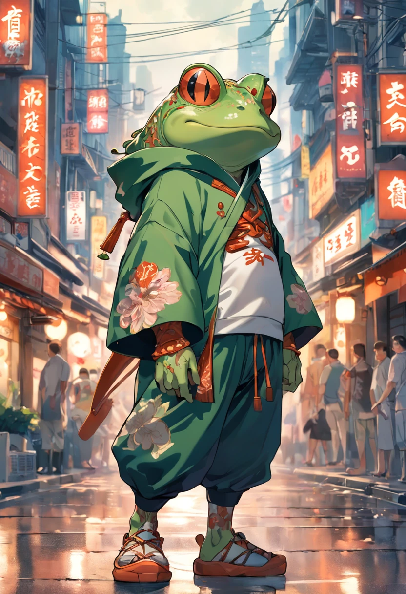 ((foto crua)), ((obra-prima)), Anthropomorphic humanoid frog wearing kimono, capuz, Pants, caminhando furiosamente entre as pessoas, detalhe intrincado, intricate Greebles pieces, city behind, (corpo musculoso), muscular arms, small head, Ogro monstruoso, Titan, sneaker, soft-lighting, 32k, Hiper realista, The background details are exquisite, Create a charming graphic style