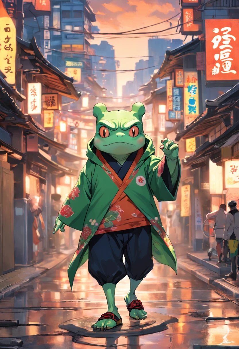 ((foto crua)), ((obra-prima)), Anthropomorphic humanoid frog wearing kimono, capuz, Pants, caminhando furiosamente entre as pessoas, detalhe intrincado, intricate Greebles pieces, city behind, (corpo musculoso), muscular arms, small head, Ogro monstruoso, Titan, sneaker, soft-lighting, 32k, Hiper realista, The background details are exquisite, Create a charming graphic style