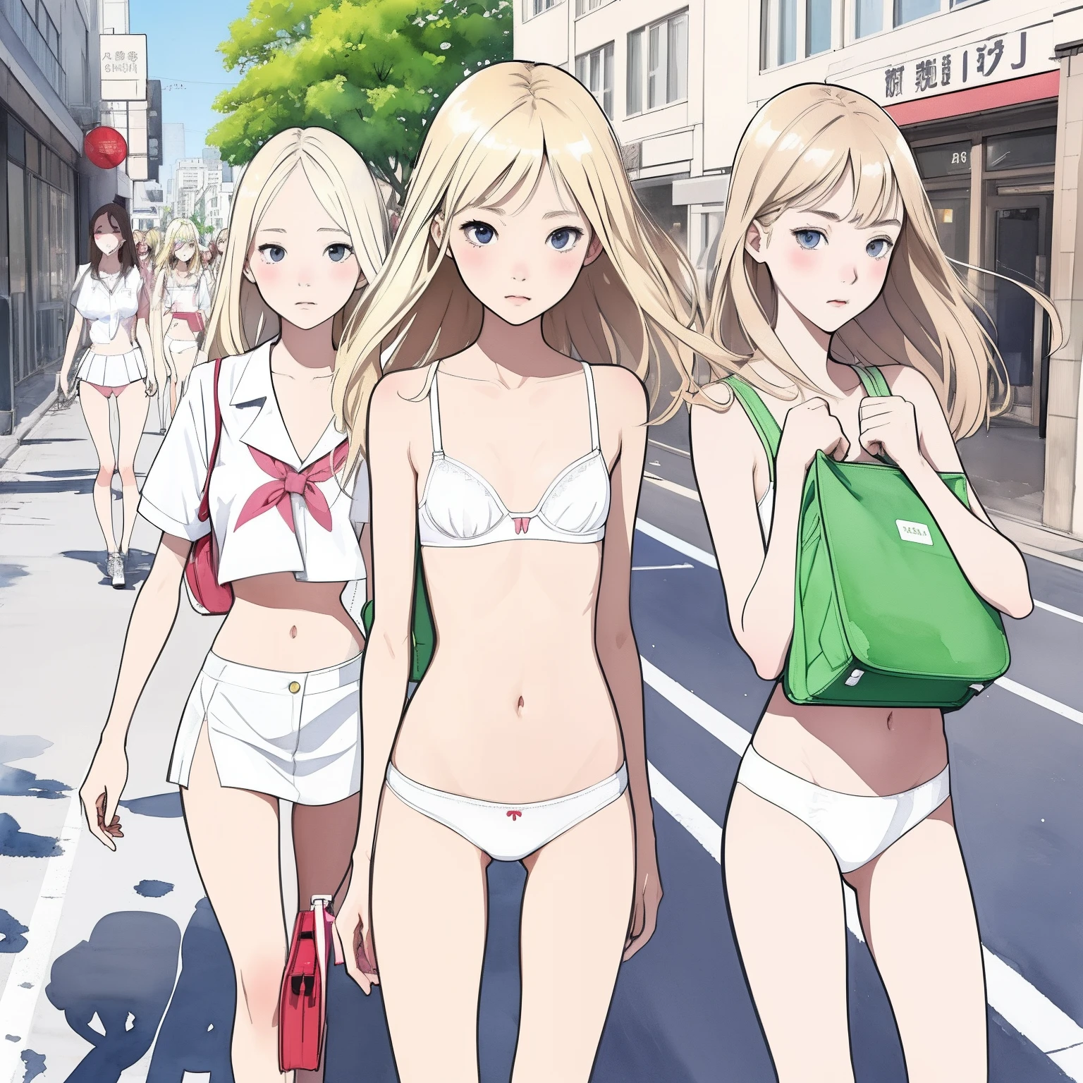 (superflat, flat shading, flat colors:1.1), a group of girls, young teen, schoolgirl, slim, small breast, blonde hair, white panties, white bra, school bag, shy, blush, wind, walk the city street, bright sunlight, best shadows, watercolor