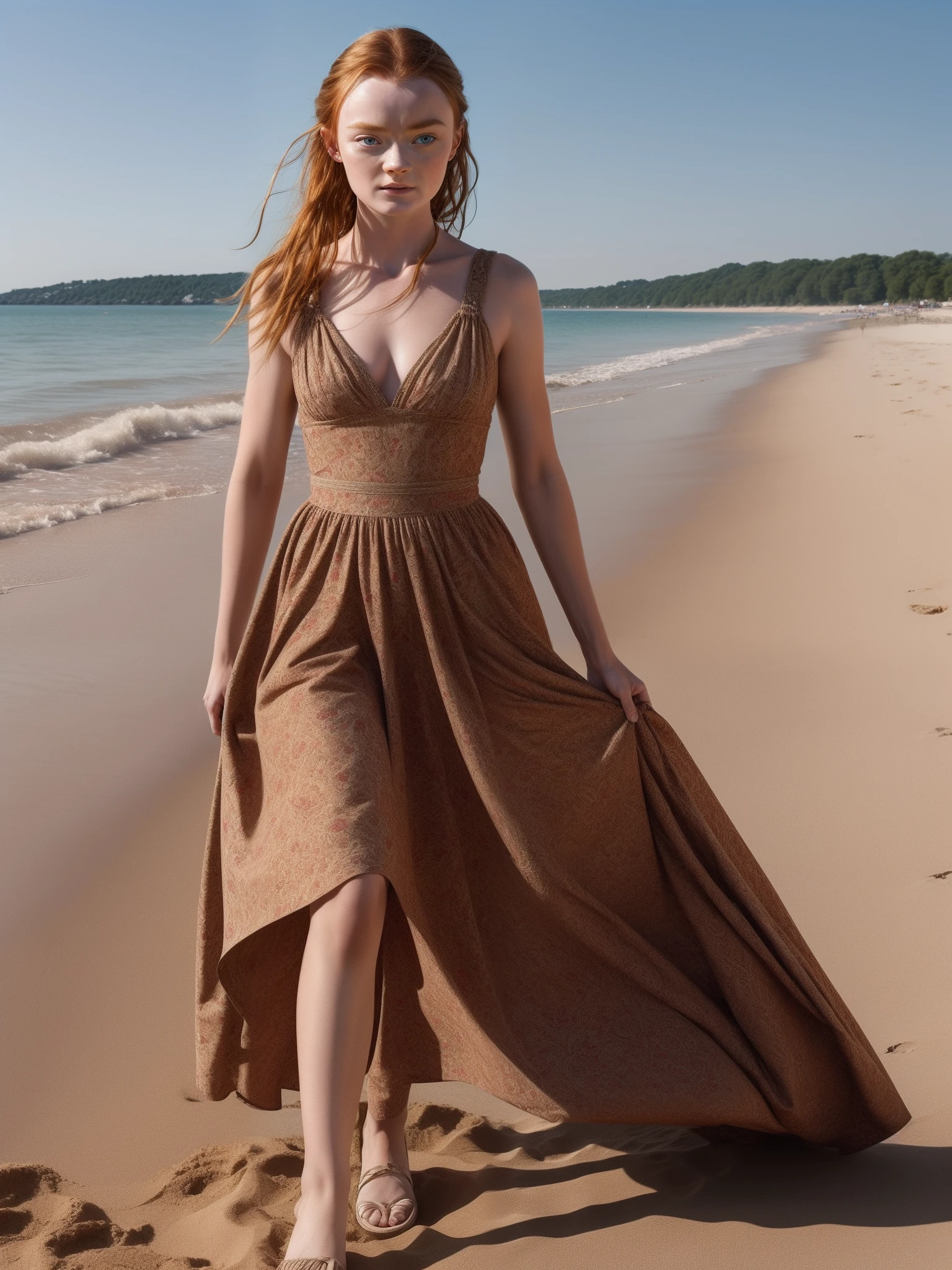 Sadie Sink, oben ohne, am Strand, baut eine Sandburg, Ultra-detailliert, ultra realistisch, Meisterwerk