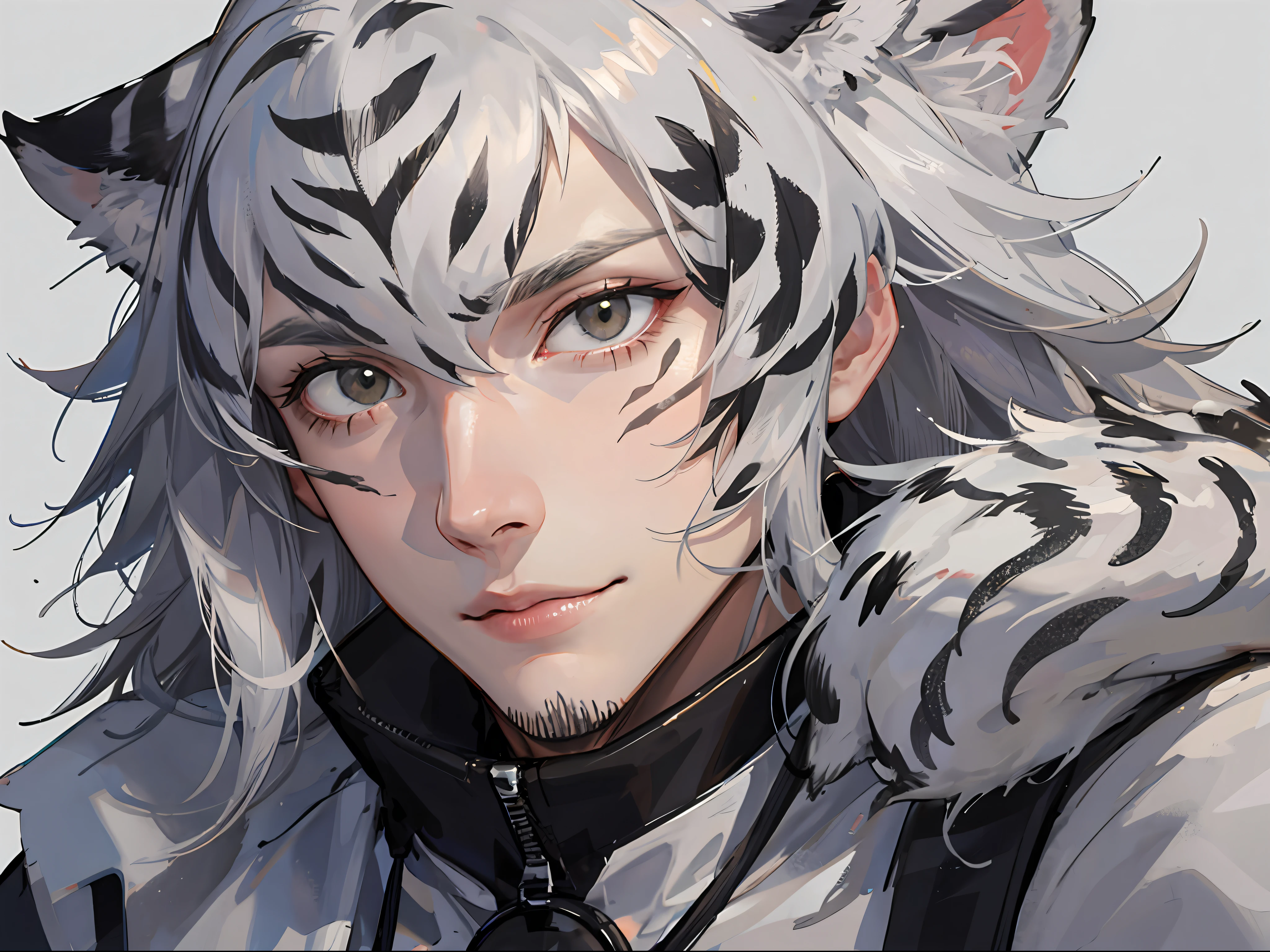 A male, hunting, outdoor, close-up, gray hair, white tiger