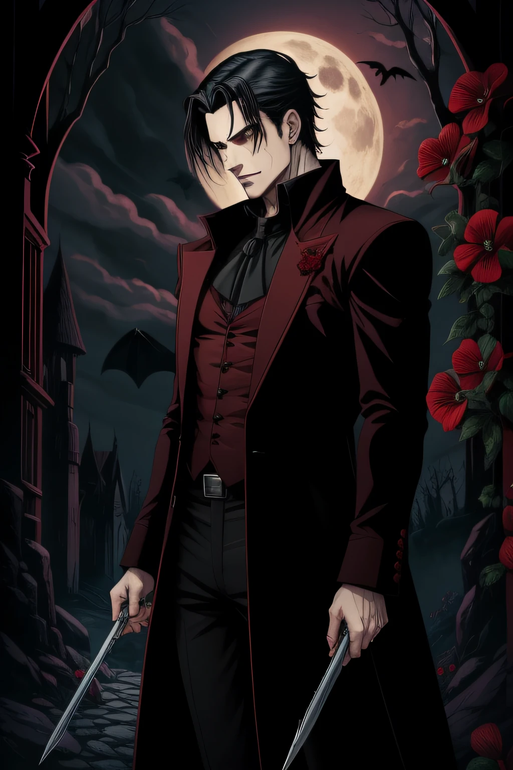 Rei vampiro, homem, men, vampire, gotico, vampiresco, noite, paleta fria, terno, flores, sangue