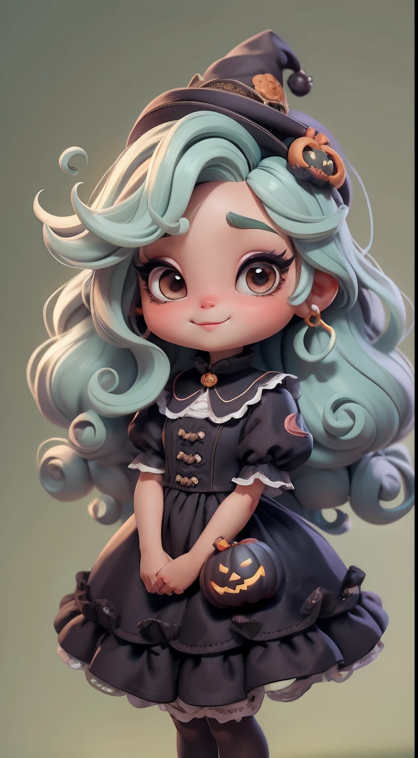 Create a series of cute chibi afro dread's style dolls with a cute halloween theme, each with lots of detail and in an 8K resolution. All dolls should follow the same solid background pattern and be complete in the image, mostrando o (corpo inteiro, incluindo as pernas: 1.5)
Boneca Mini halloween: Chame-a de Marina. Ela deve ter cabelo pequeno em tom multicolorido. Seus olhos devem ser grandes e expressivos, with long eyelashes and rosy cheeks. Sorriso delicado e branco. Marina deve estar vestida de vestido, an ornate hat. She should bring halloween accessories. Certifique-se de adicionar detalhes nas roupas, such as buttons and pockets, sapato bonito
Certifique-se de adicionar sombras, texturas e detalhes nos cabelos, roupas, Halloween utensils, to make them even more adorable and charming.