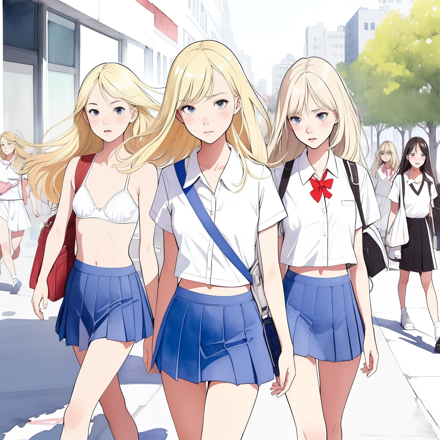 (superflat, flat shading, flat colors:1.1), a group of girls, young teen, schoolgirl, slim, small breast, blonde hair, white panties, white bra, school bag, shy, blush, wind, walk the city street, bright sunlight, best shadows, watercolor