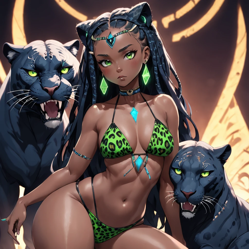 Masterpiece - Illustrations - Detailed - Best Quality) full body pose thick curvy very pretty black woman with indigo dreadlocks holding a skull in her hand wearing a leopard skin bikini , a black panther with neon glowing green eyes sitting by her and pyramids in the background. 8k resolution, hyper detailed, hyper detailed face, perfect anatomy, ultra realistic hands.