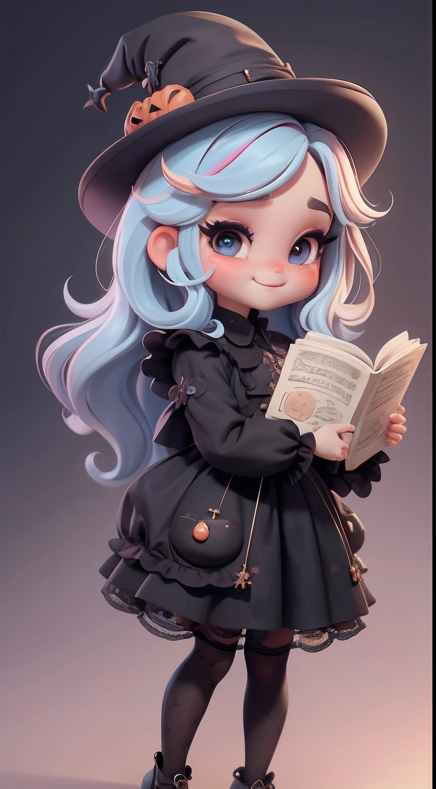 Create a series of cute black chibi style dolls with a cute halloween theme, each with lots of detail and in an 8K resolution. All dolls should follow the same solid background pattern and be complete in the image, mostrando o (corpo inteiro, incluindo as pernas: 1.5)
Boneca Mini halloween: Chame-a de Marina. Ela deve ter cabelo pequeno em tom multicolorido. Seus olhos devem ser grandes e expressivos, with long eyelashes and rosy cheeks. Sorriso delicado e branco. eyeglass, wand and a magic book. Marina deve estar vestida de vestido, an ornate hat. She should bring halloween accessories. Certifique-se de adicionar detalhes nas roupas, such as buttons and pockets, sapato bonito
Certifique-se de adicionar sombras, texturas e detalhes nos cabelos, roupas, Halloween utensils, to make them even more adorable and charming.