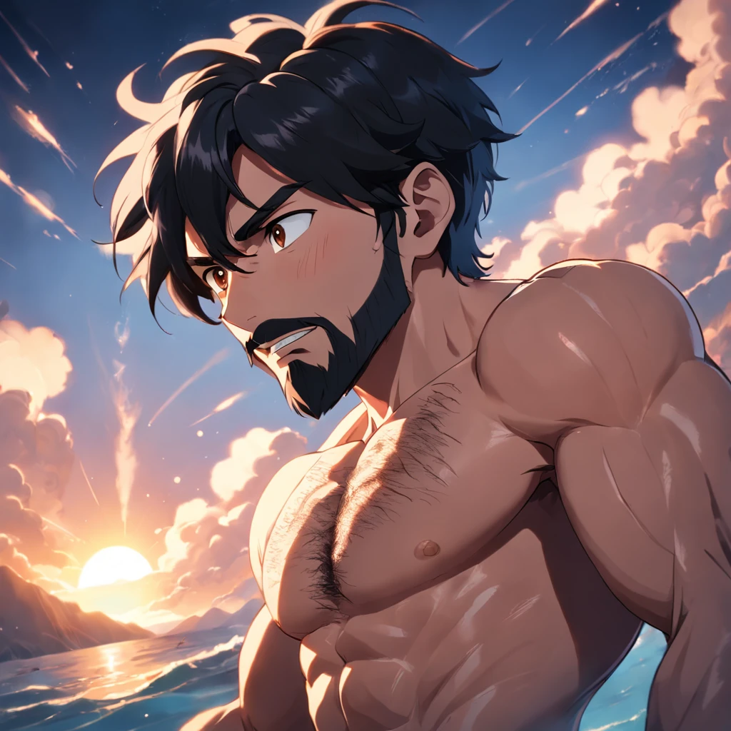 black hair ,dark brown minimal beard , no mustache ,full body , height 173cm ,8 abs, muscular 35years old man, masterpiece, best quality, movie still, , floating in the sky, close-up, bright, happy, warm soft lighting, sunset, (sparks:0.7)