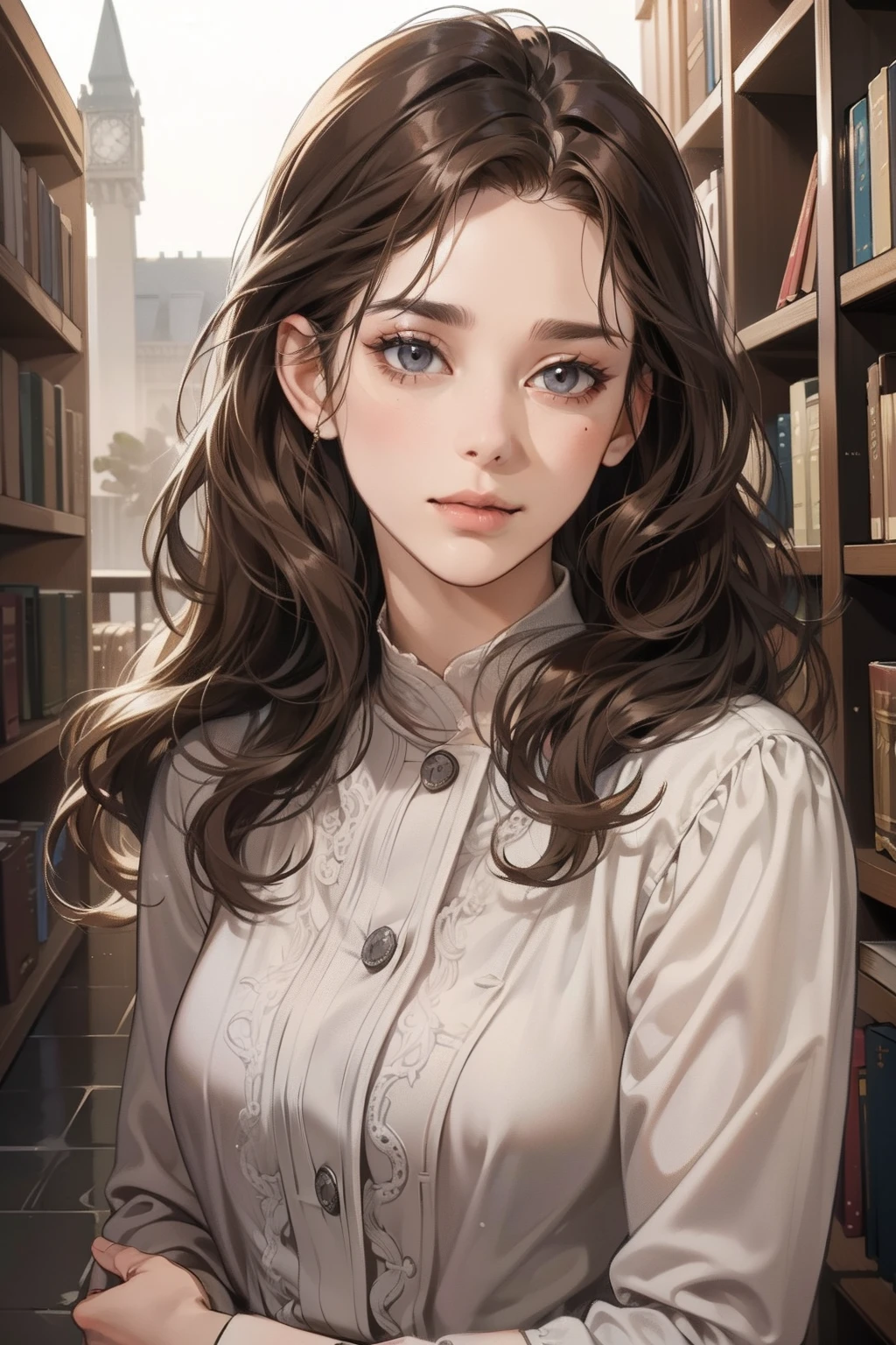 masterpiece, best quality, realistic, 1woman, mature female, beautiful woman, 35 year old, closed mouth, full body portrait, extremely detailed face, ((dark grey eyes)), ((short length wavy brown hair)), [thin eyebrows], bookstore, soft smiles, professor, accurate, slight wrinkle