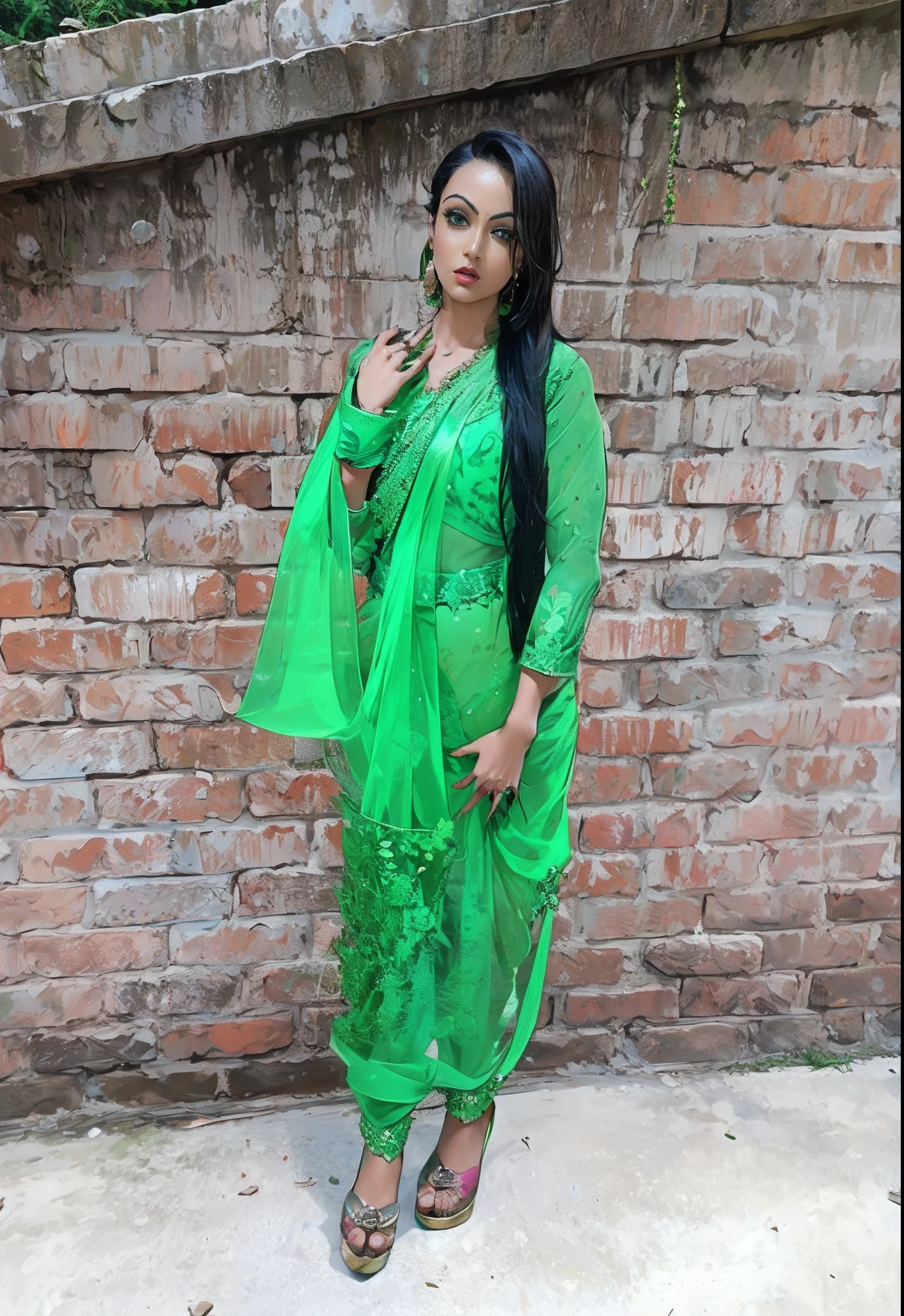 (Masterpiece, best quality, 8k, anime style), (One girl wearing green blouse and saree:1.6),Desi, (translucent clothes), see through hot saree, nice boobs, cleavage, pretty face, red lips, long green hair, high heels, close up, lush pink background, real face, 4k ultra hd resolution image