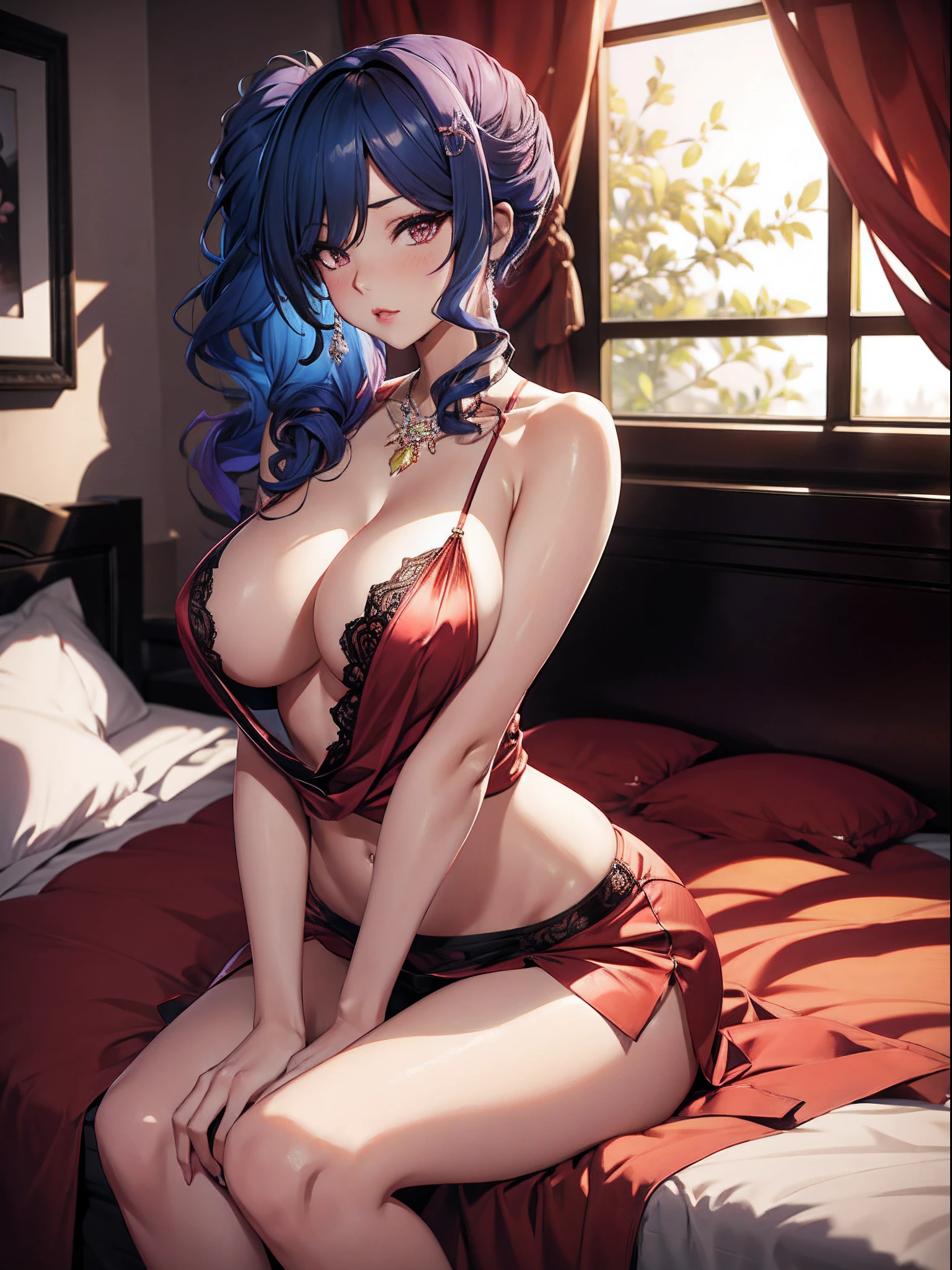 Anime - Stylish woman sitting on a rose bed in lingerie, seductive anime girls, Guweiz in Pixiv ArtStation, Guweiz on ArtStation Pixiv, Extremely detailed Artgerm, Guviz, beautiful and seductive anime woman, 8K high quality detailed art, trending on artstation pixiv, Guviz-style artwork,Extra-large big breasts,Blush,Wearing a short red silk skirt,