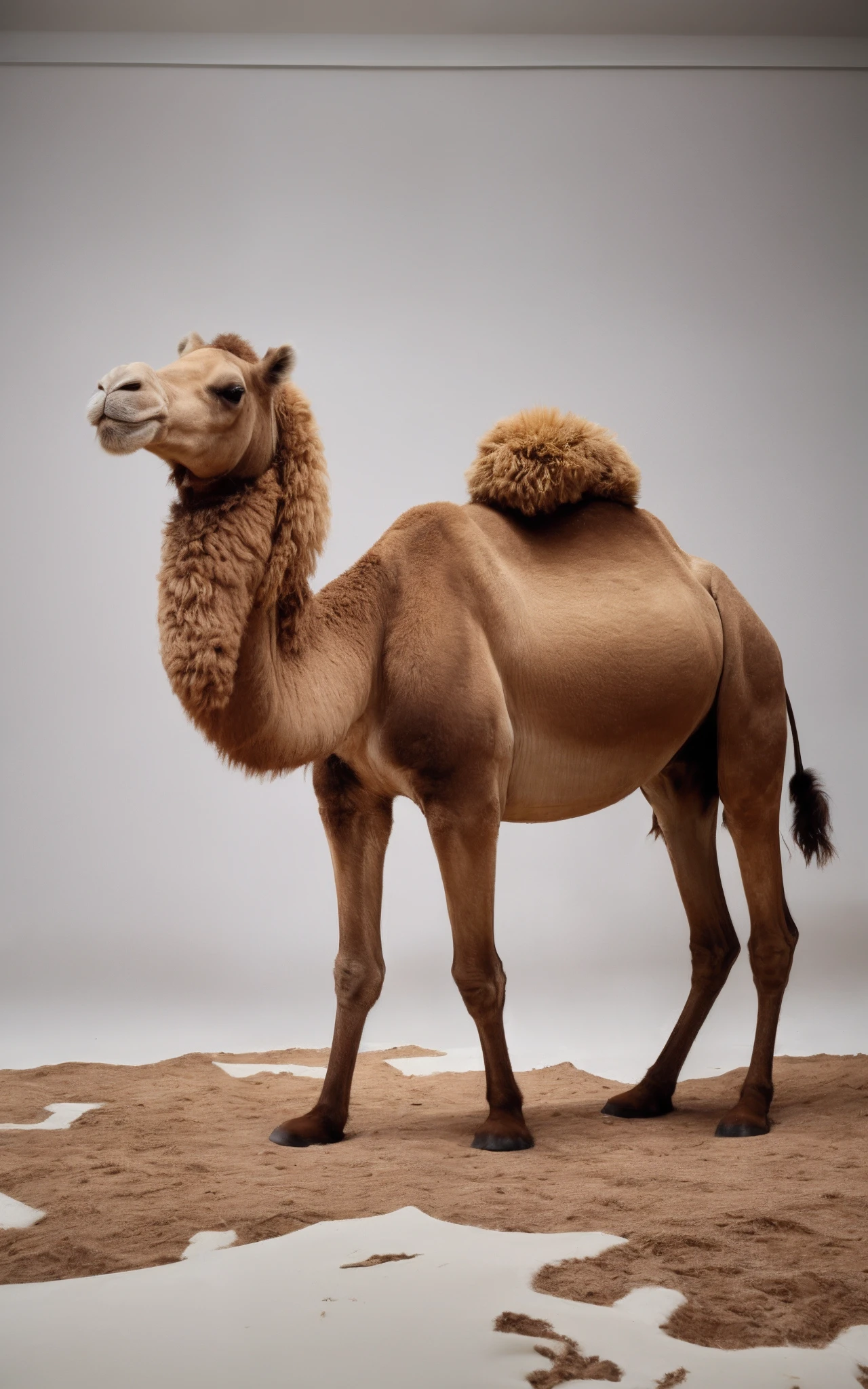 A camel inside a White Photostudio with Sand on the floor