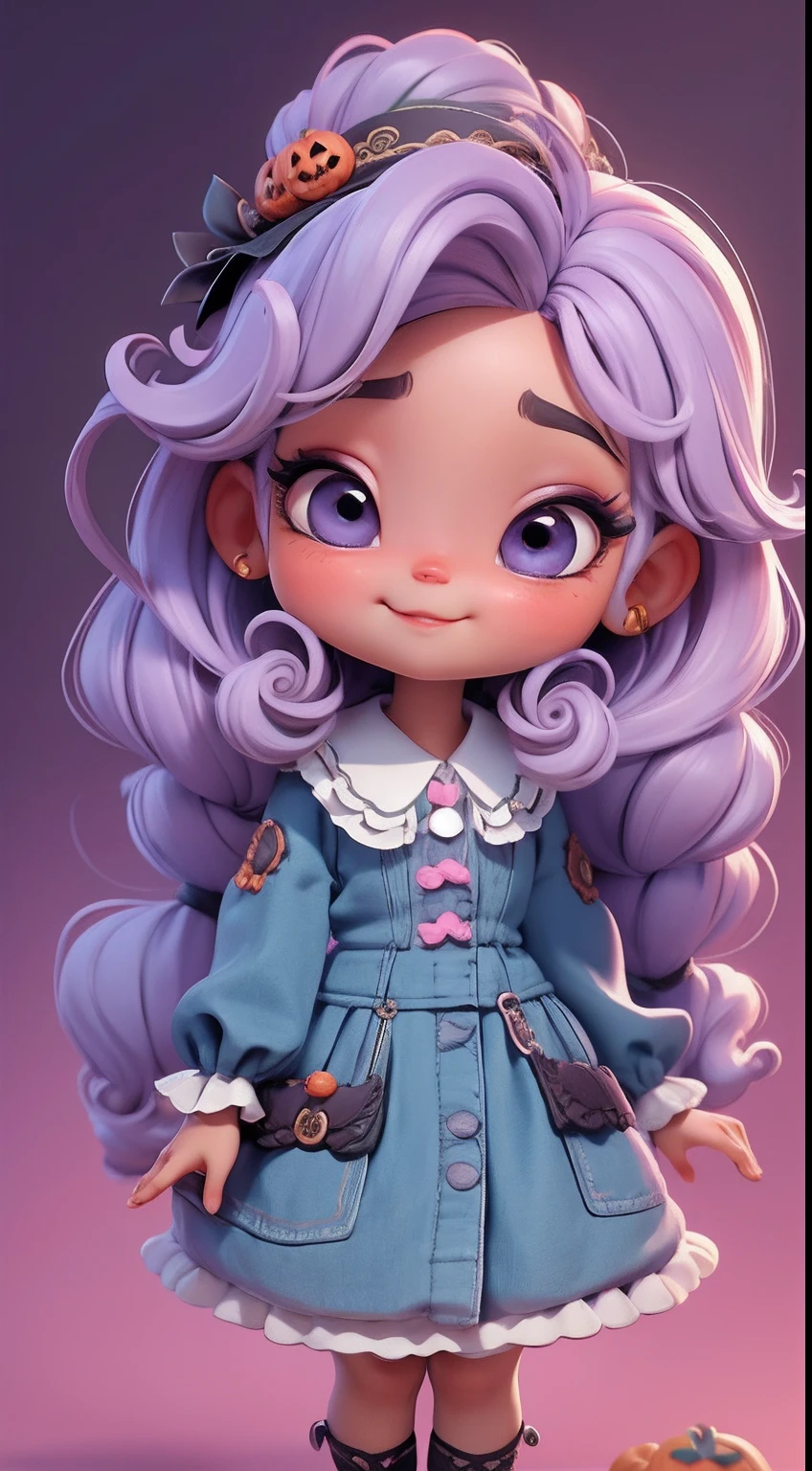 Create a series of cute chibi afro dread style dolls with a cute halloween theme, each with lots of detail and in an 8K resolution. All dolls should follow the same solid background pattern and be complete in the image, mostrando o (corpo inteiro, incluindo as pernas: 1.5)
Boneca Mini halloween: Chame-a de Marina. She should have small hair in lilac and pastel blue. Seus olhos devem ser grandes e expressivos, with long eyelashes and rosy cheeks. Sorriso delicado e branco. Marina deve estar vestida de vestido, an ornate hat. She should bring halloween accessories. Certifique-se de adicionar detalhes nas roupas, such as buttons and pockets, sapato bonito
Certifique-se de adicionar sombras, texturas e detalhes nos cabelos, roupas, Halloween utensils, to make them even more adorable and charming.