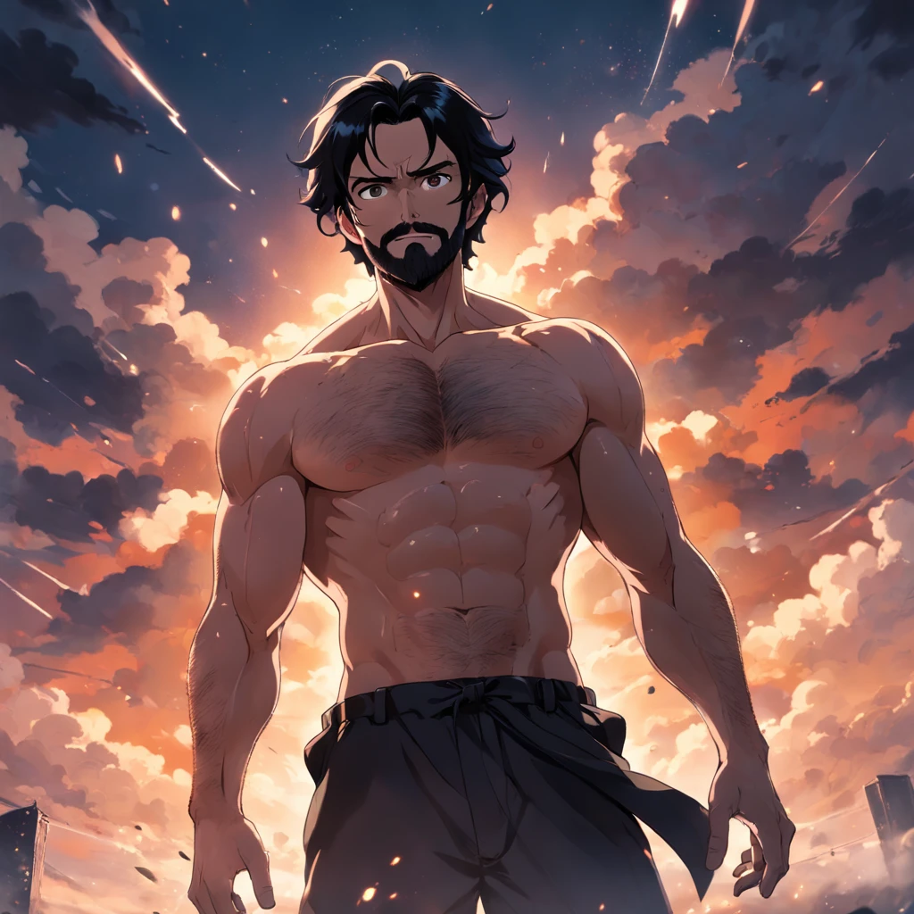 black hair ,dark brown minimal beard , no mustache ,full body , height 173cm ,8 abs, muscular 35years old man, masterpiece, best quality, movie still, , floating in the sky, close-up, bright, happy, warm soft lighting, sunset, (sparks:0.7)