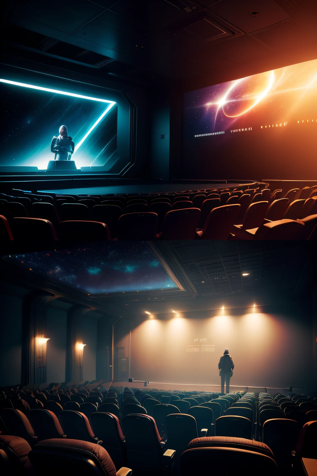 There are many black chairs in a theater with a screen, in space for a presenter standing in front of the screen, On the screen a cinematic science fiction film still, Motor irreal. retro film still, cinematographic fabric, cinematic beeple, rich cinematic atmosphere, cinematic 3d render, Sci - science fiction film style, IMAX filming, foto da tela do cinema, expansive cinematic vision