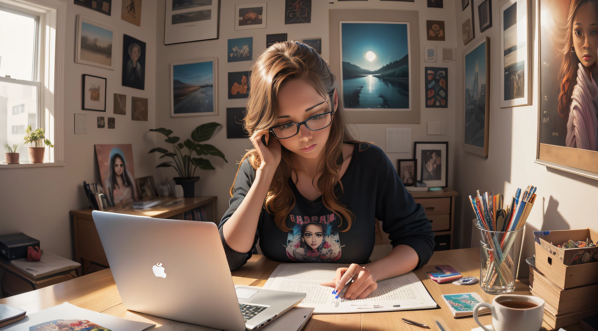 SARAH works on her laptop, her walls covered in art and posters.