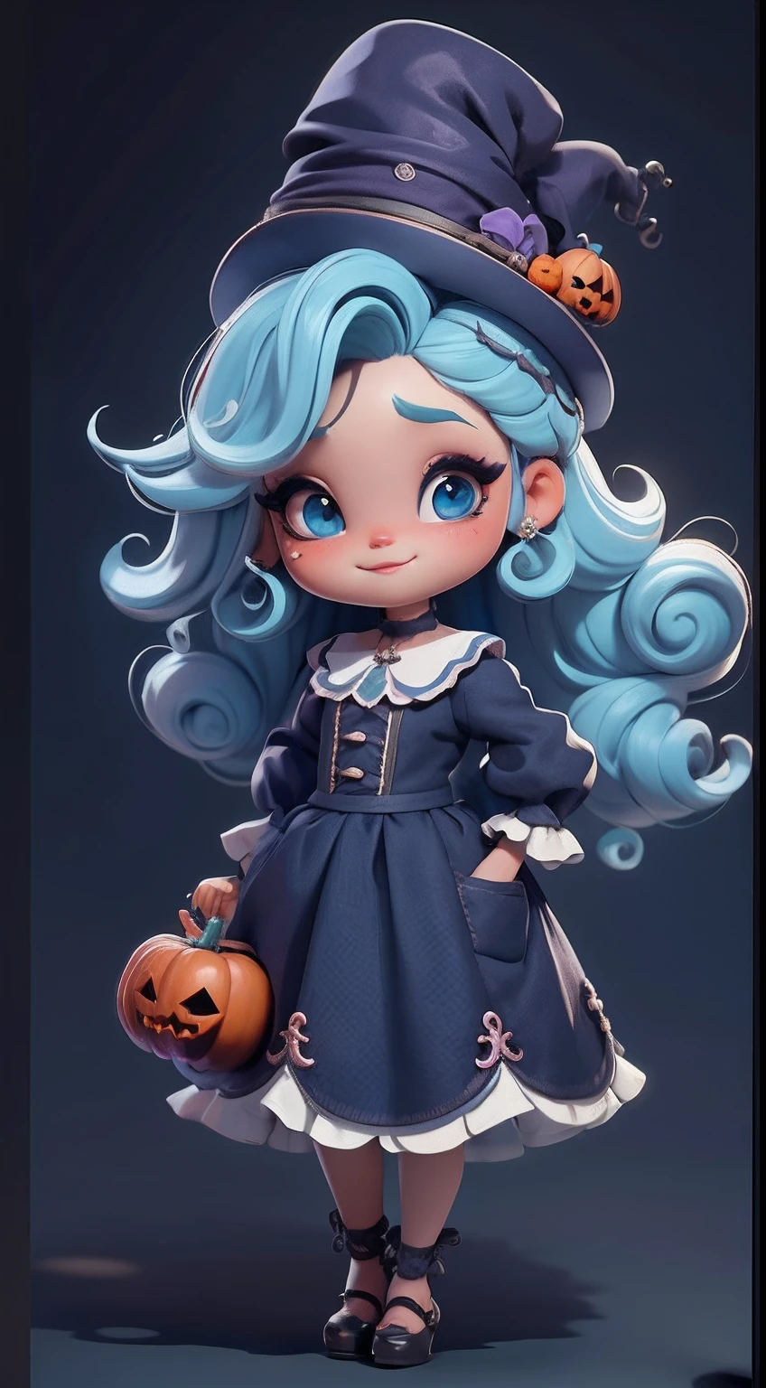 Create a series of cute chibi afro dread style dolls with a cute halloween theme, each with lots of detail and in an 8K resolution. All dolls should follow the same solid background pattern and be complete in the image, mostrando o (corpo inteiro, incluindo as pernas: 1.5)

Boneca Mini halloween: Chame-a de Marina. Ela deve ter cabelos pequenos em preto e azul pastel. Seus olhos devem ser grandes e expressivos, with long eyelashes and rosy cheeks. Sorriso delicado e branco. Marina deve estar vestida de vestido, an ornate hat. She should bring halloween accessories. Certifique-se de adicionar detalhes nas roupas, such as buttons and pockets, sapato bonito

Certifique-se de adicionar sombras, texturas e detalhes nos cabelos, roupas, Halloween utensils, to make them even more adorable and charming.