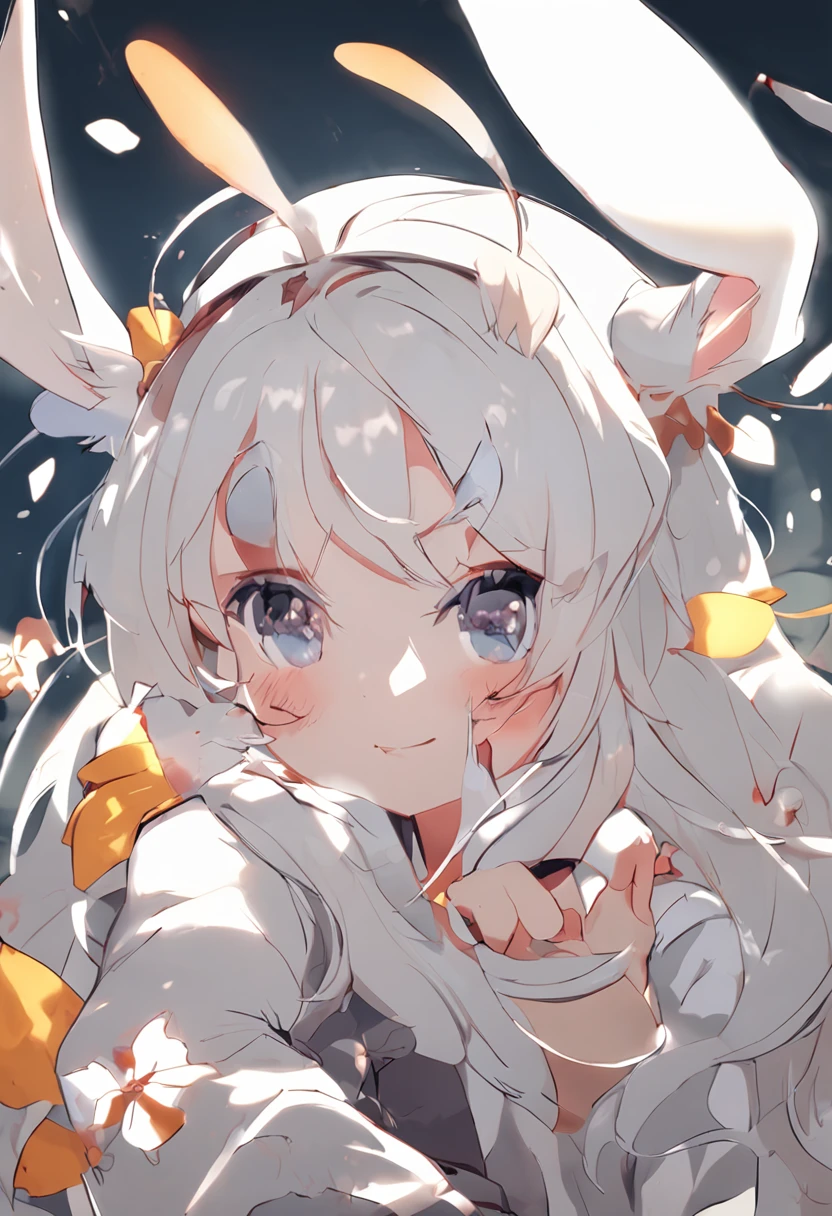 small rabbit, bunny ears, water eyes, bright pupils, smile, anime, tonality, anime style, adorable, bud, a rabbit, rabbit character design, rich expressions, various poses with white background, no clothes, white fur