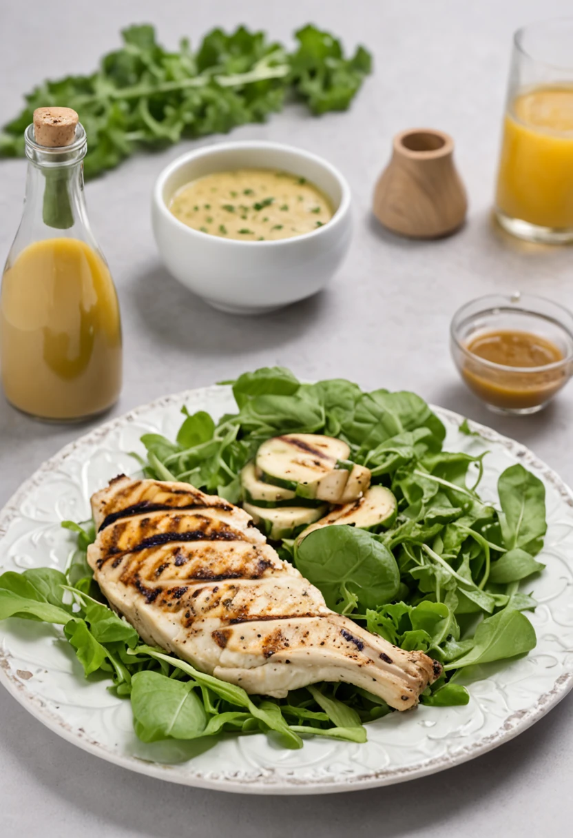 White dish with green leafy salad including lettuce and arugula, Grilled zucchini and grilled chicken piece with mustard sauce