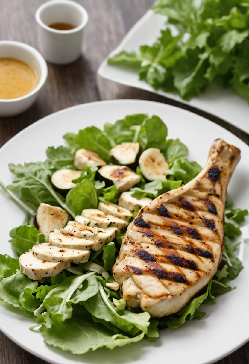 White dish with green leafy salad including lettuce and arugula, Grilled zucchini and grilled chicken piece with mustard sauce