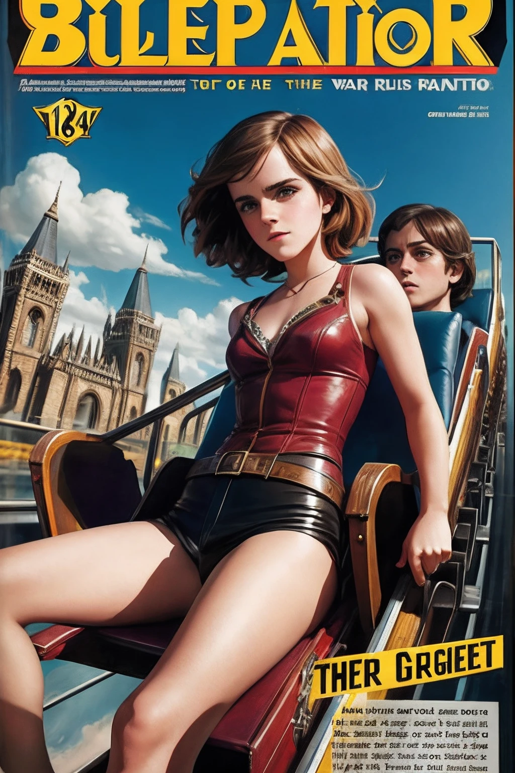 Emma Watson on a roller coaster, epic, pulp art, fantasy magazine, circa 1978